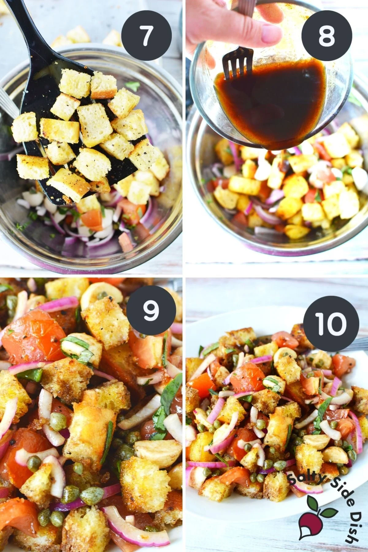 adding homemade croutons and balsamic dressing to salad for panzanella.