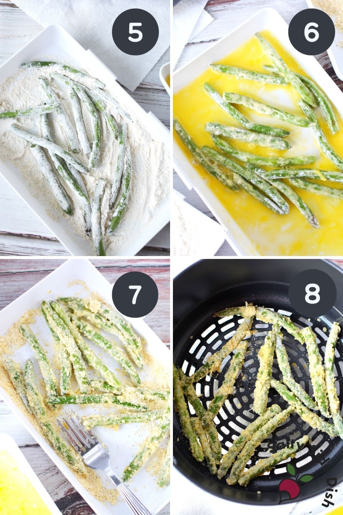 colllage coating green beans in parmesan cheese mixture.