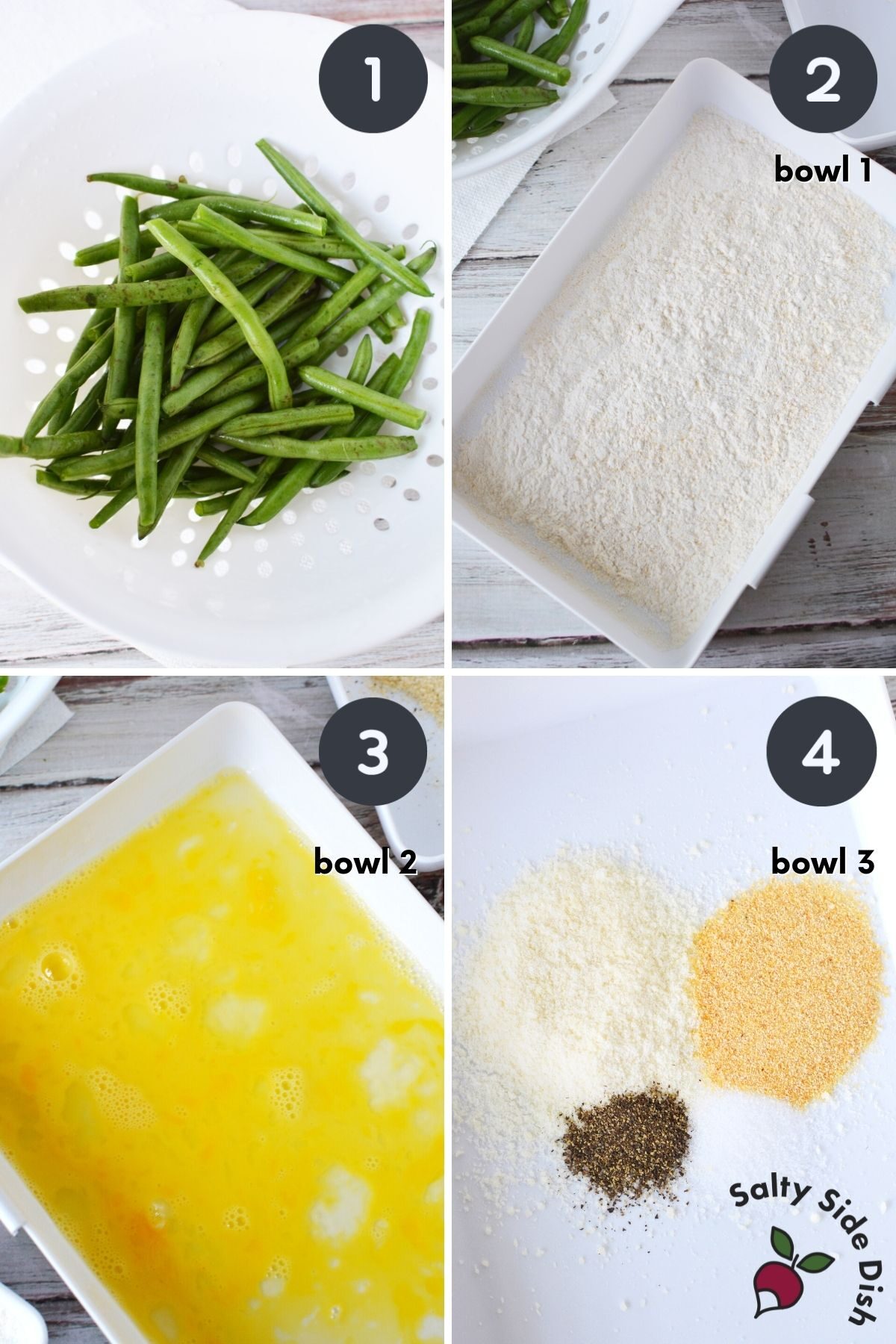 collage of 4 images showing how to coat green beans for air fryer.