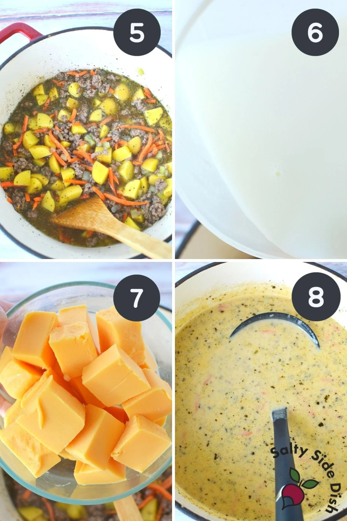 collage of images showing potato and hamburger soup being assembled.