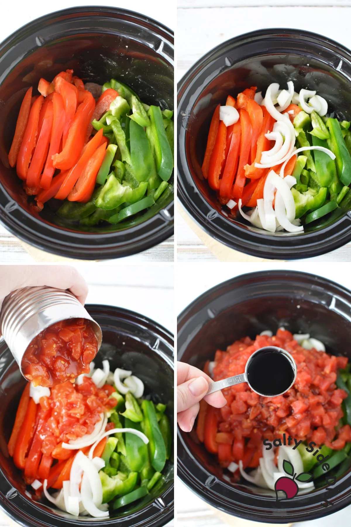 Adding bell peppers, onions, and tomatoes into a crockpot.
