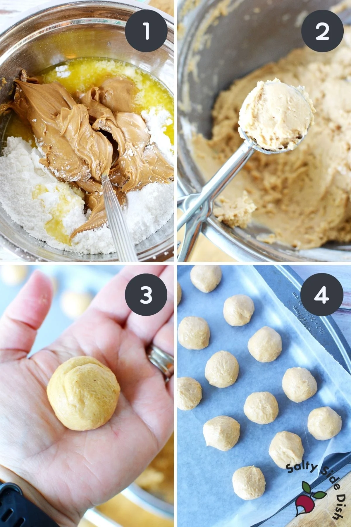 4 image collage of how to make buckeye balls.