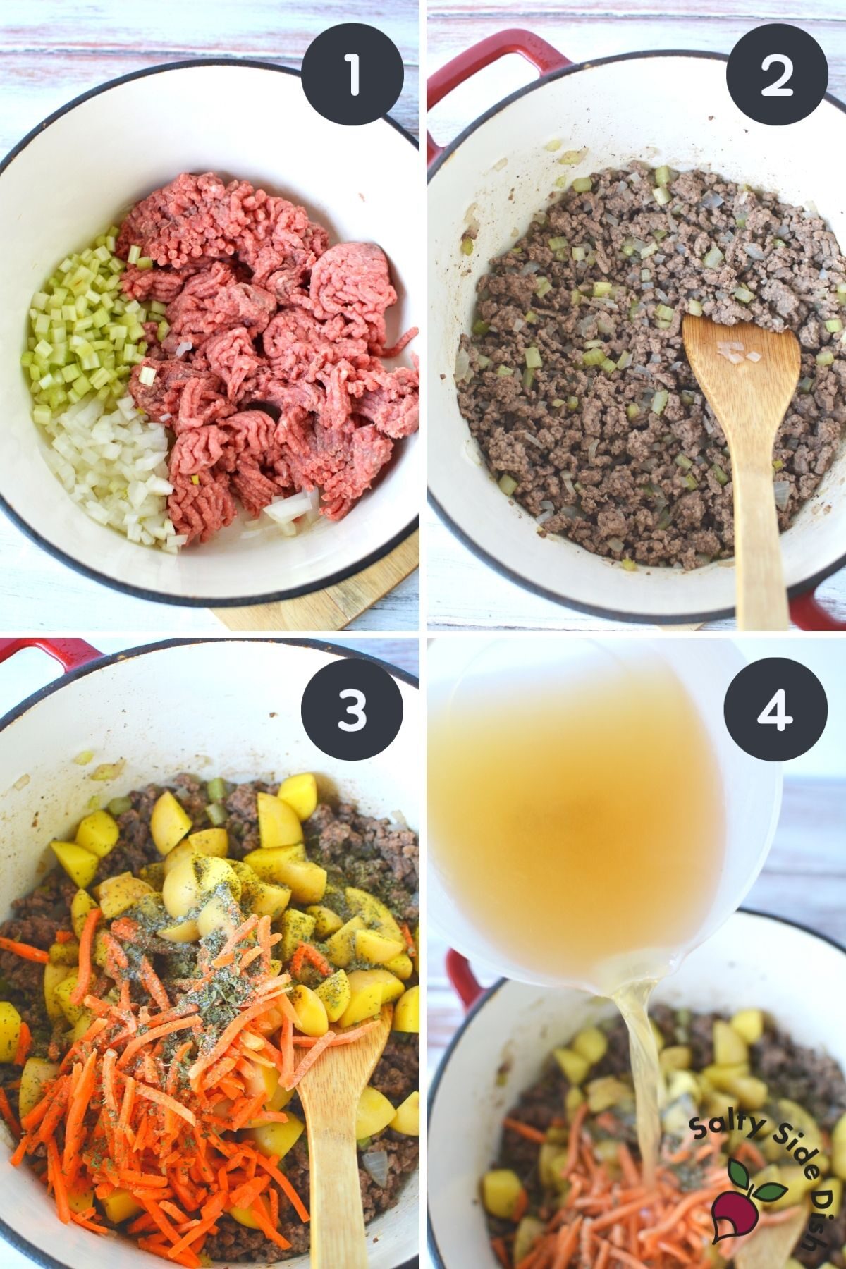 collage on making hamburger soup with adding of first ingredients into soup pot.
