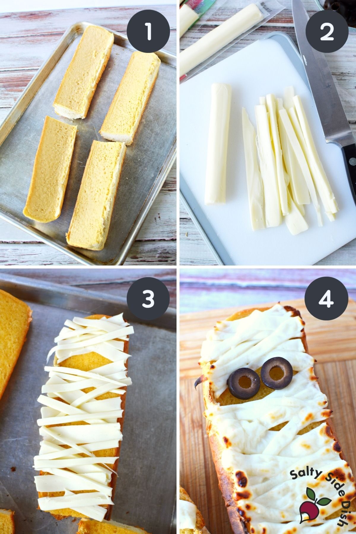 collage on how to make mummy garlic bread for halloween.