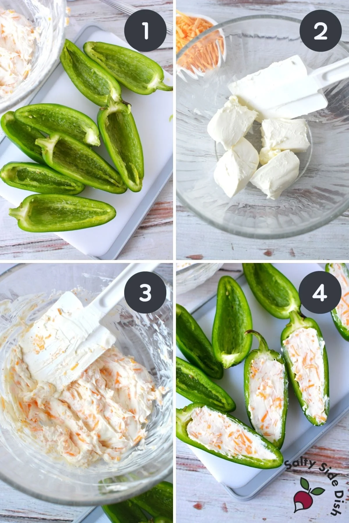 4 images showcasing how to stuff a jalapeno popper.
