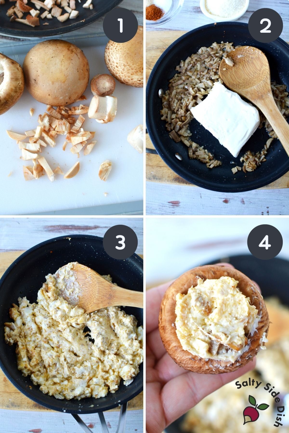 4 image collage on how to stuff mushrooms with cream cheese.