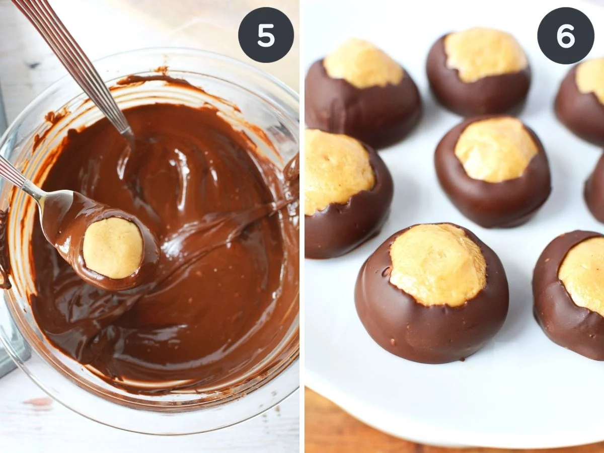 2 images of dipping peanut butter balls into chocolate.