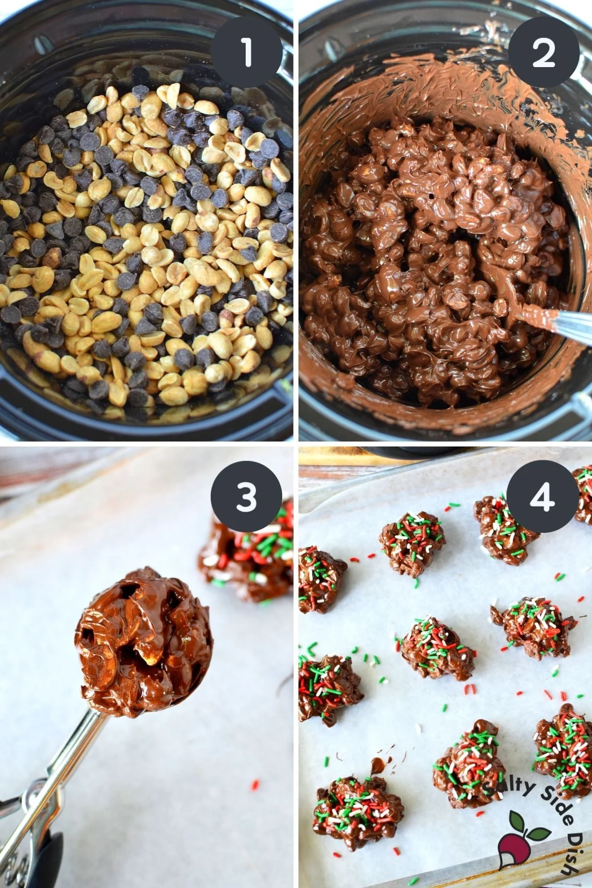 step by step images on how to add chocolate and peanuts to the crockpot.