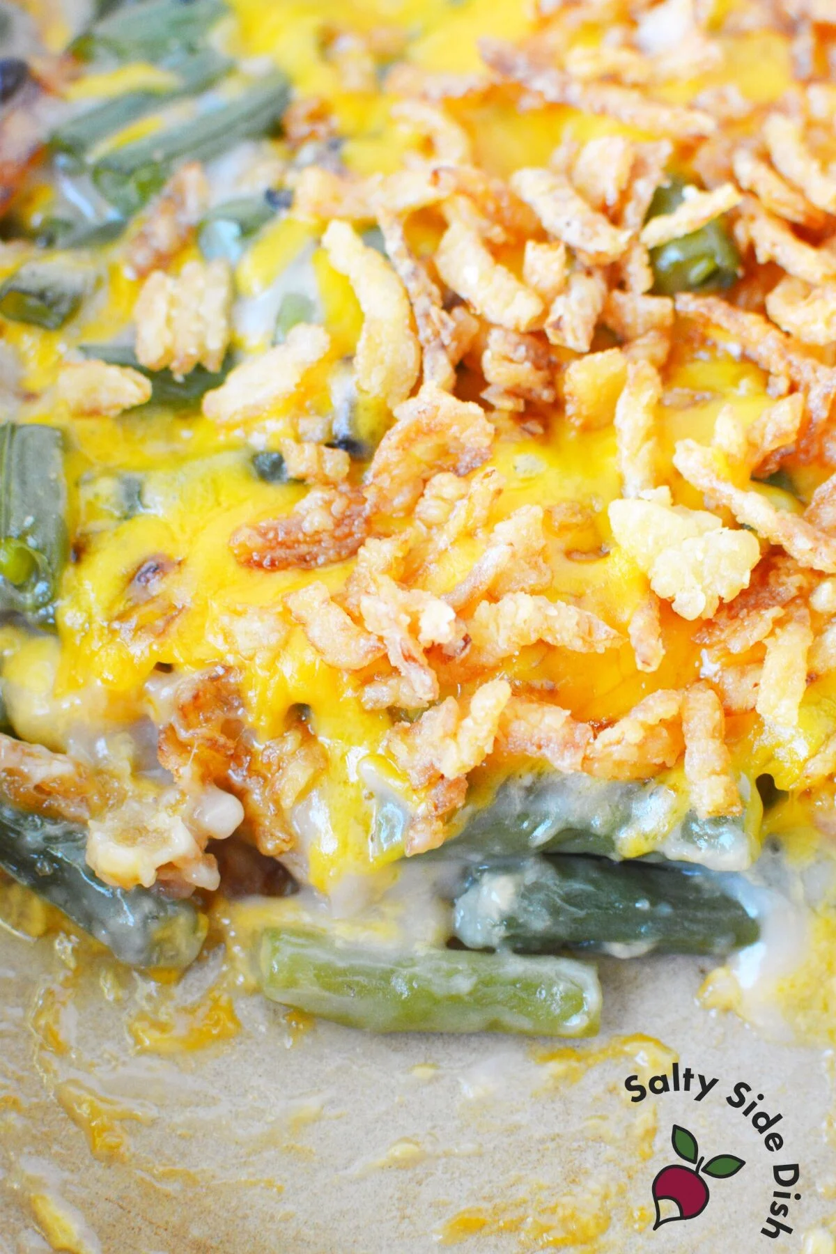 fresh green bean casserole recipe with cheese and onions.