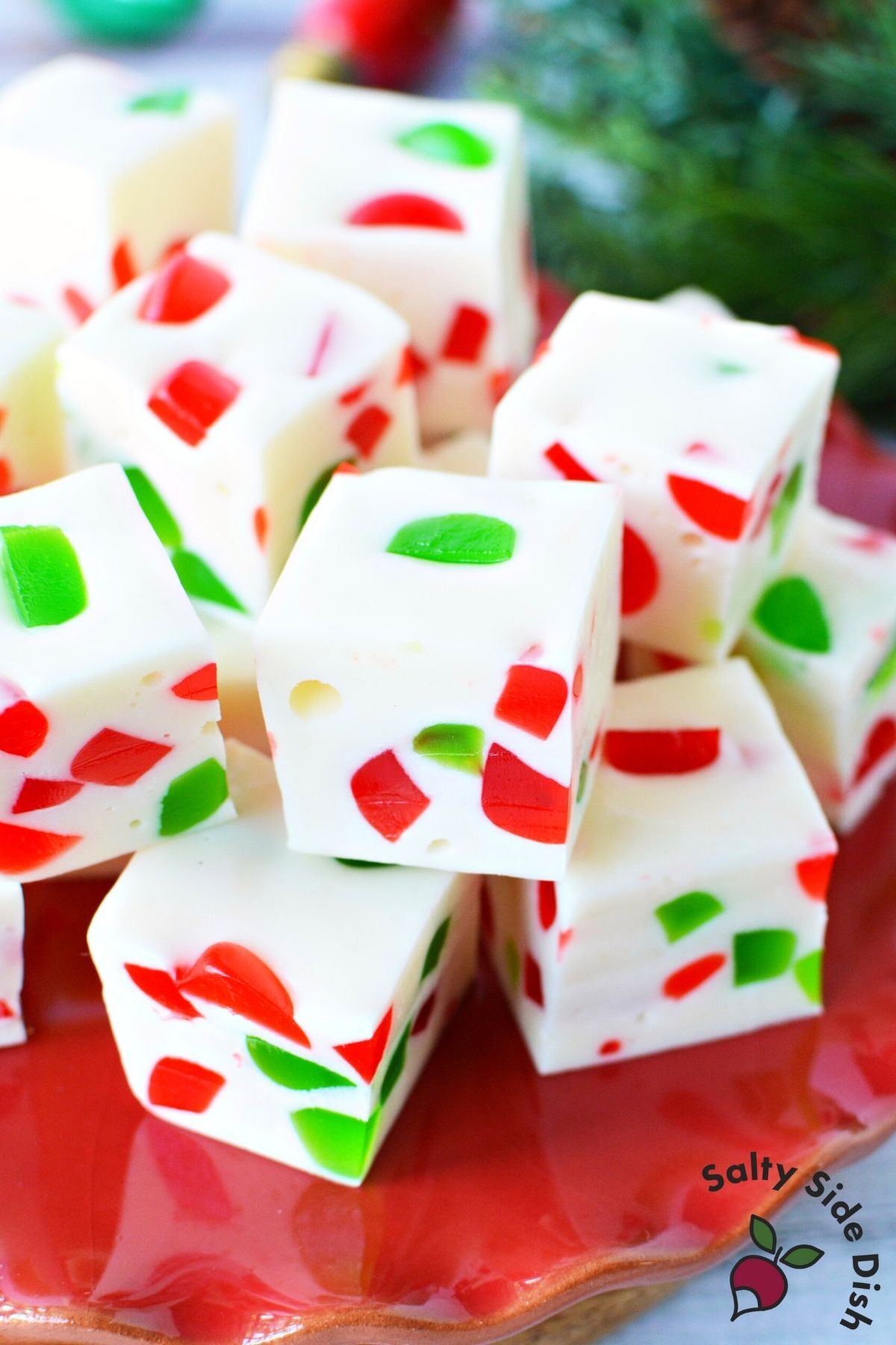stacked up pile of cut christmas nougat candy.