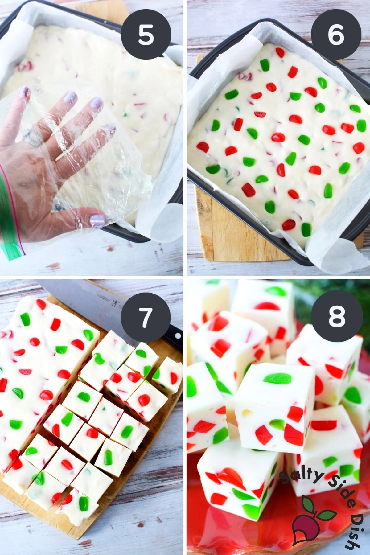 collage of step by step cutting marshmallow and chocolate nougat candy.