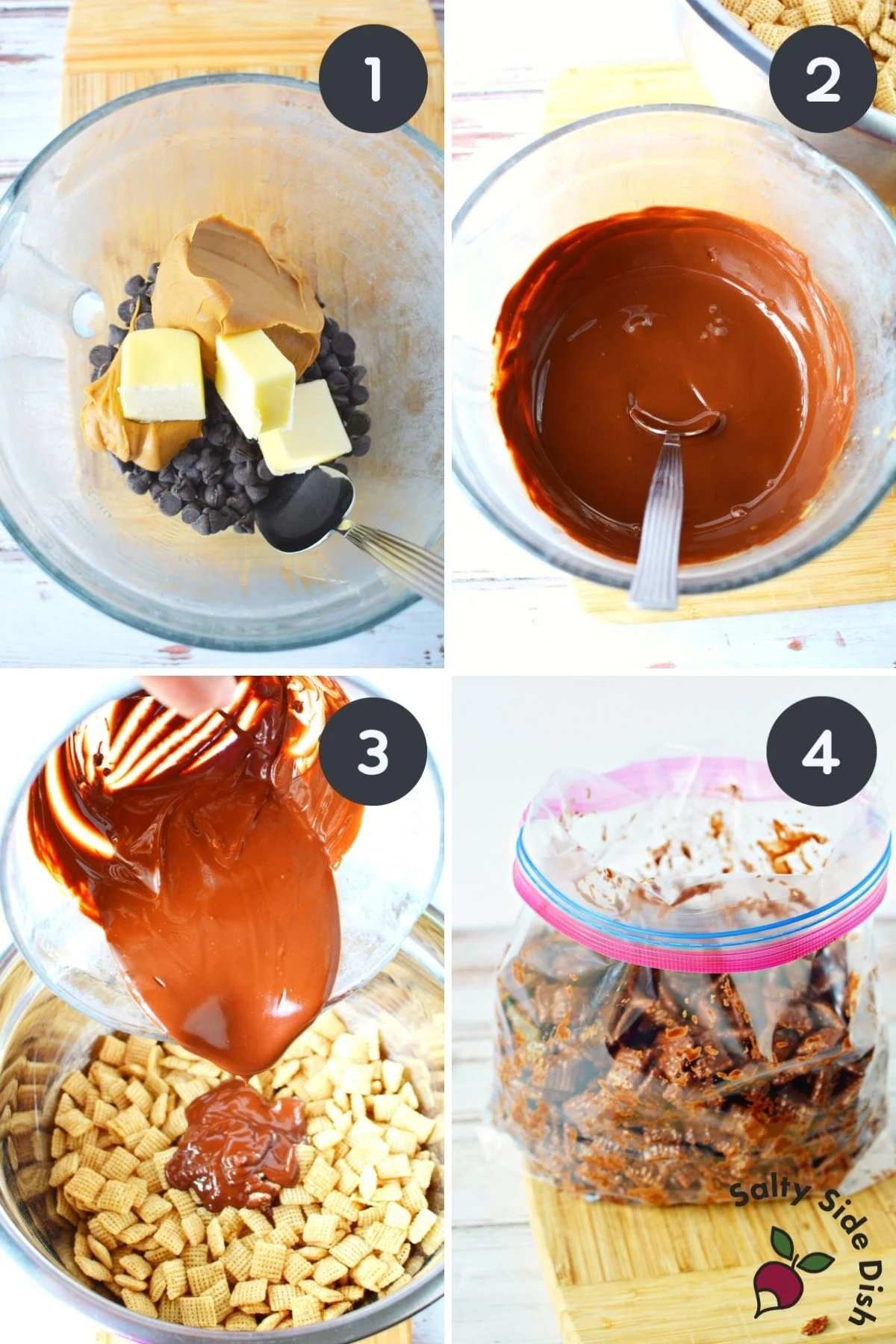 step by step images of how to create muddy buddy mix.