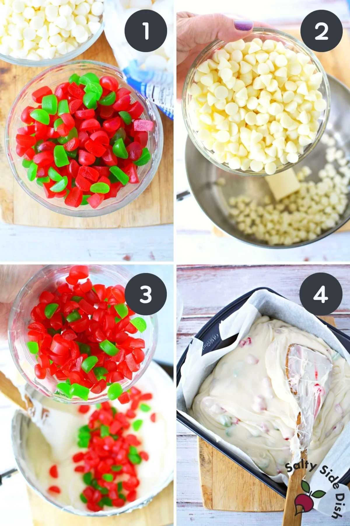 collage on the first steps of making gumdrop nougat candy.