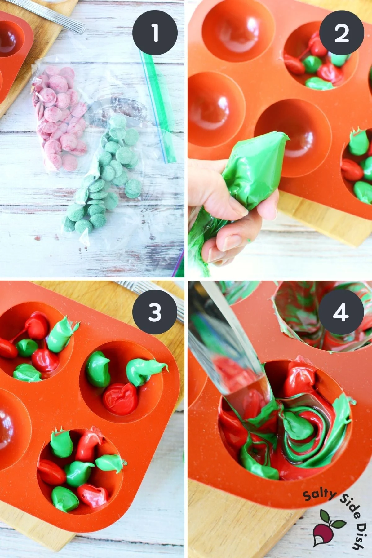 4 images on how to make christmas chocolate bombs.