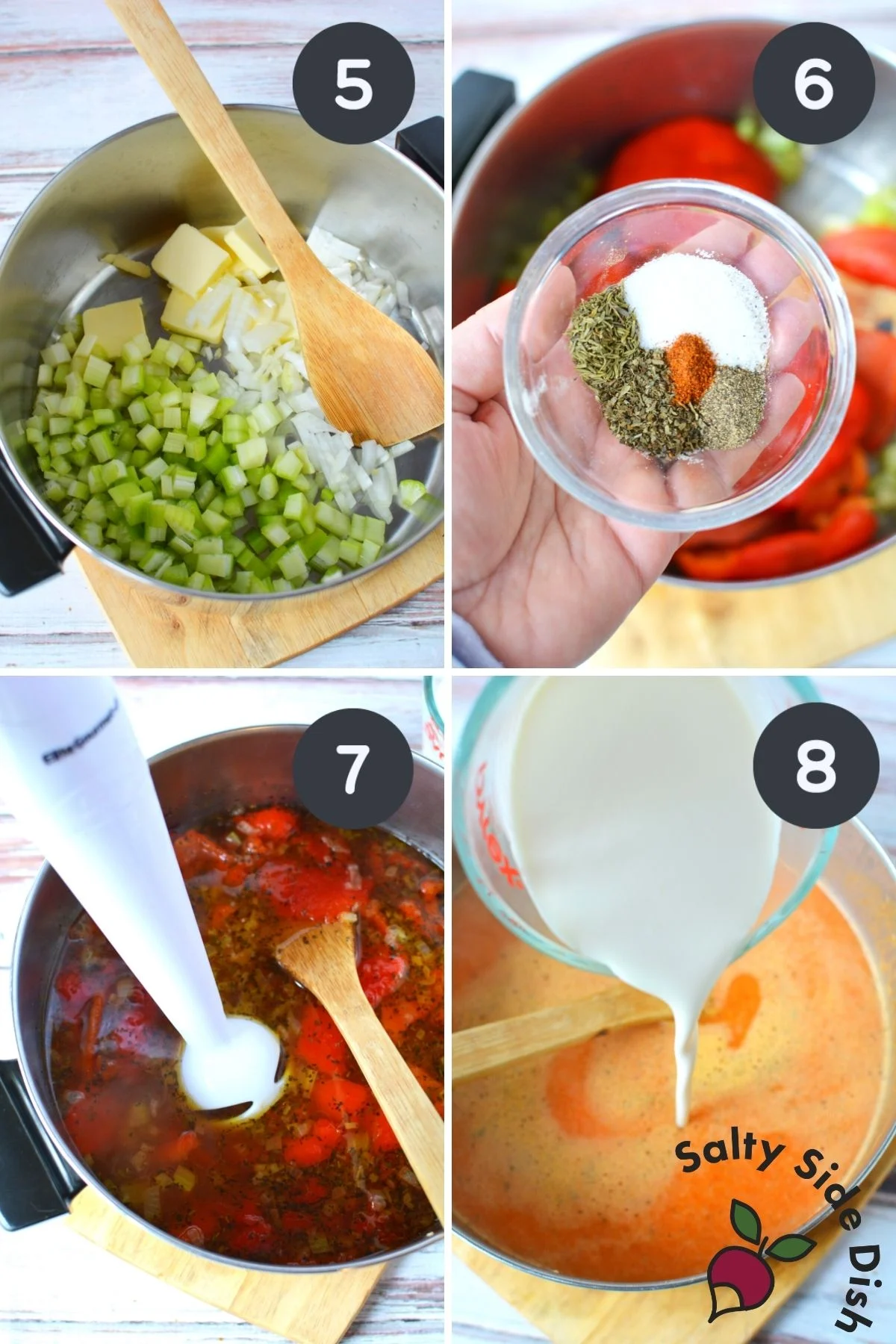 adding soup and red peppers to the crock pot.