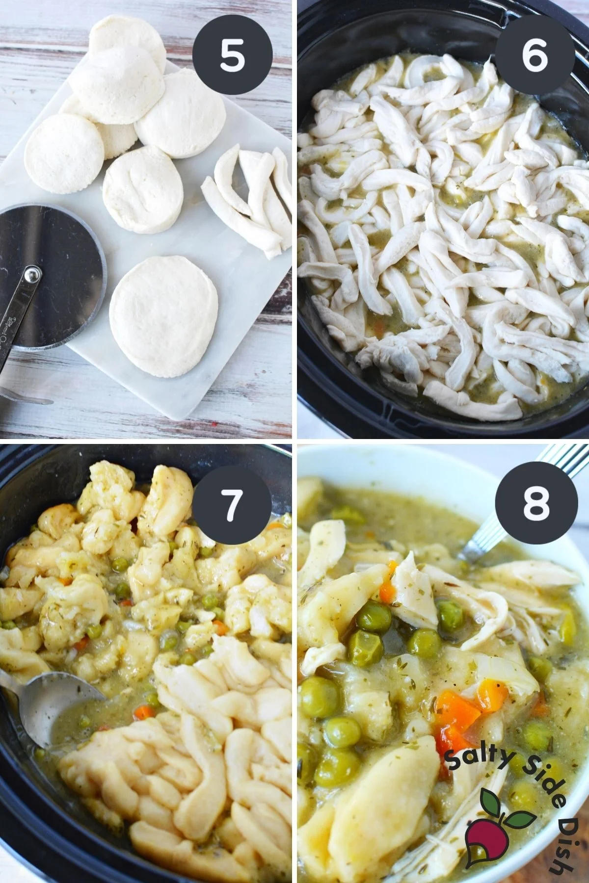 chicken and dumplings in a crockpot collage.