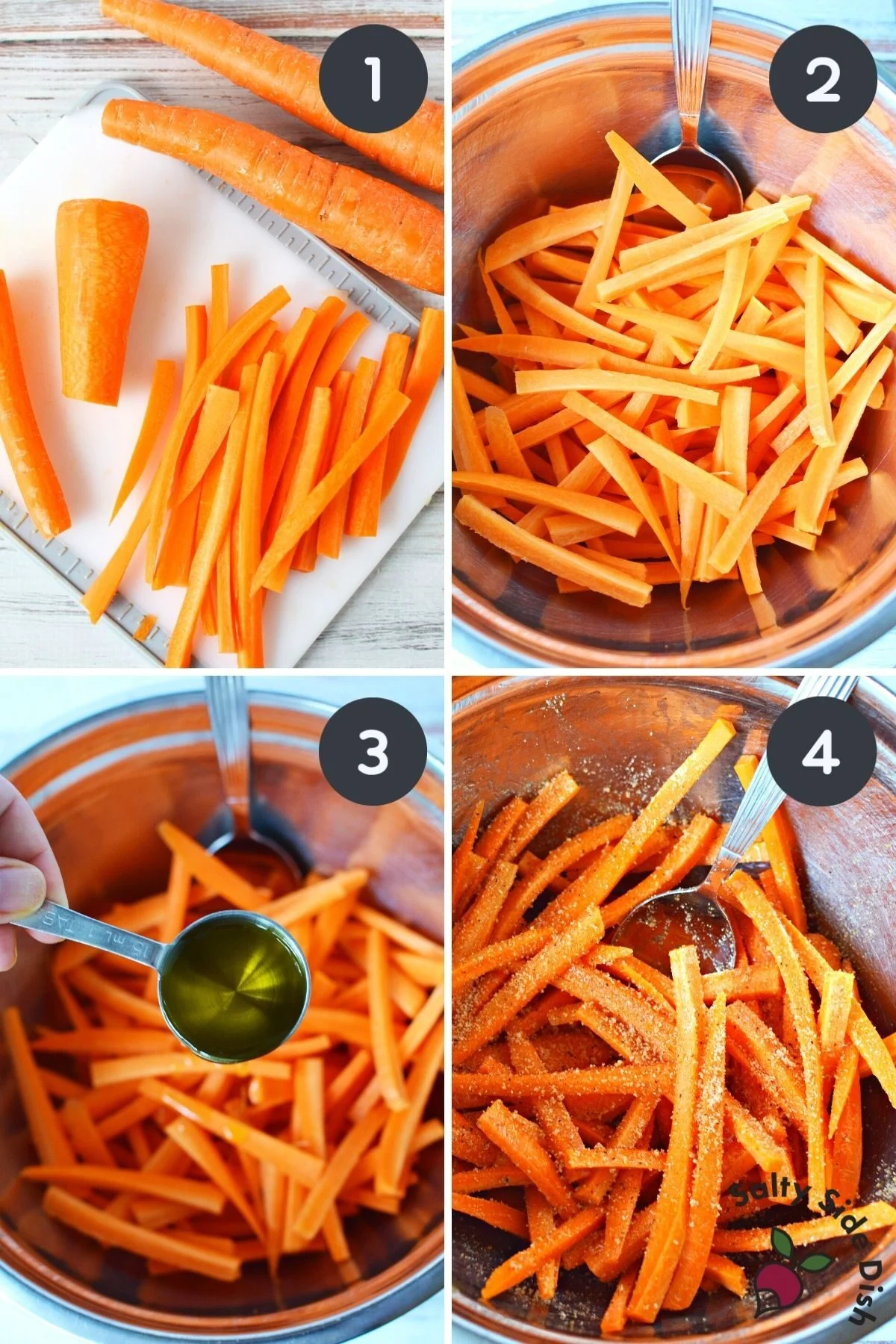 collage of carrot fries in an air fryer.