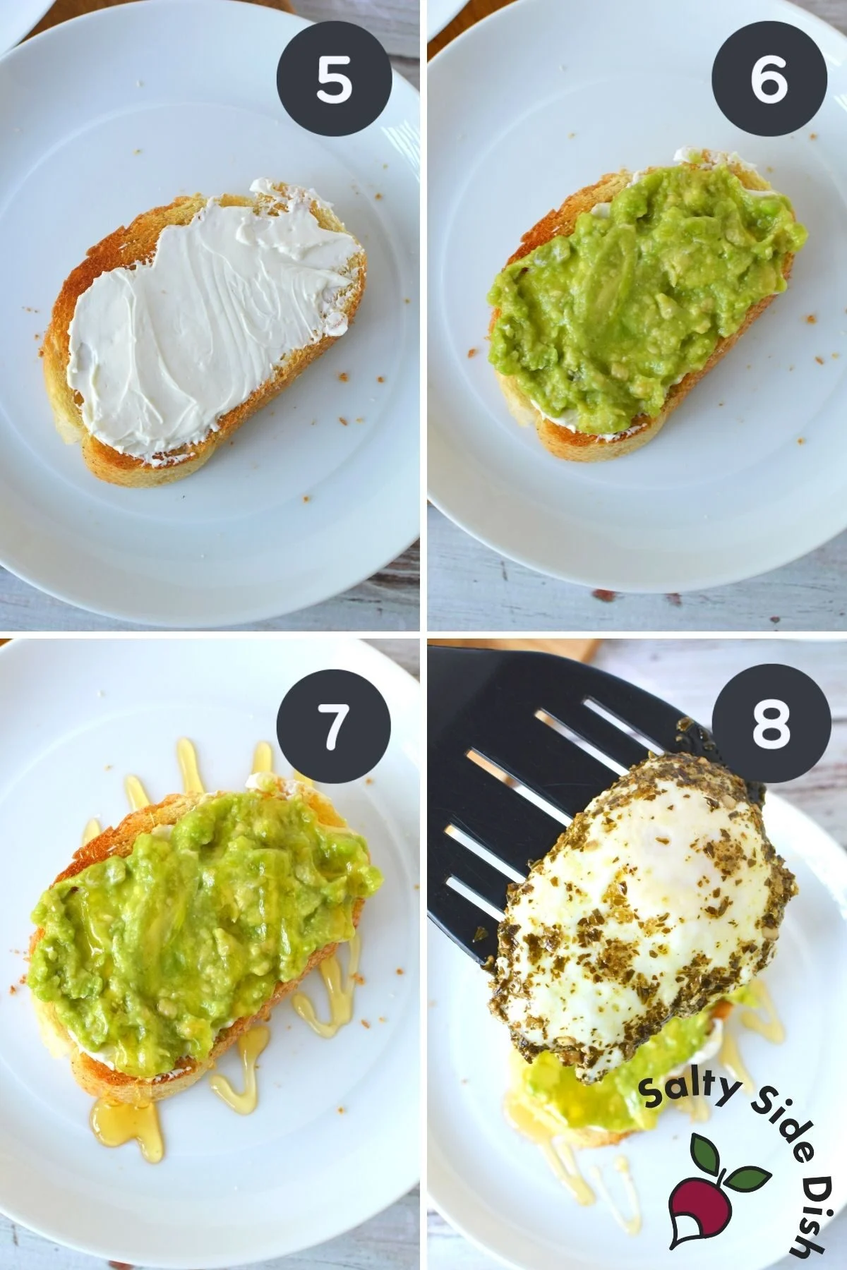 adding avocado, honey and egg onto a piece of toast.