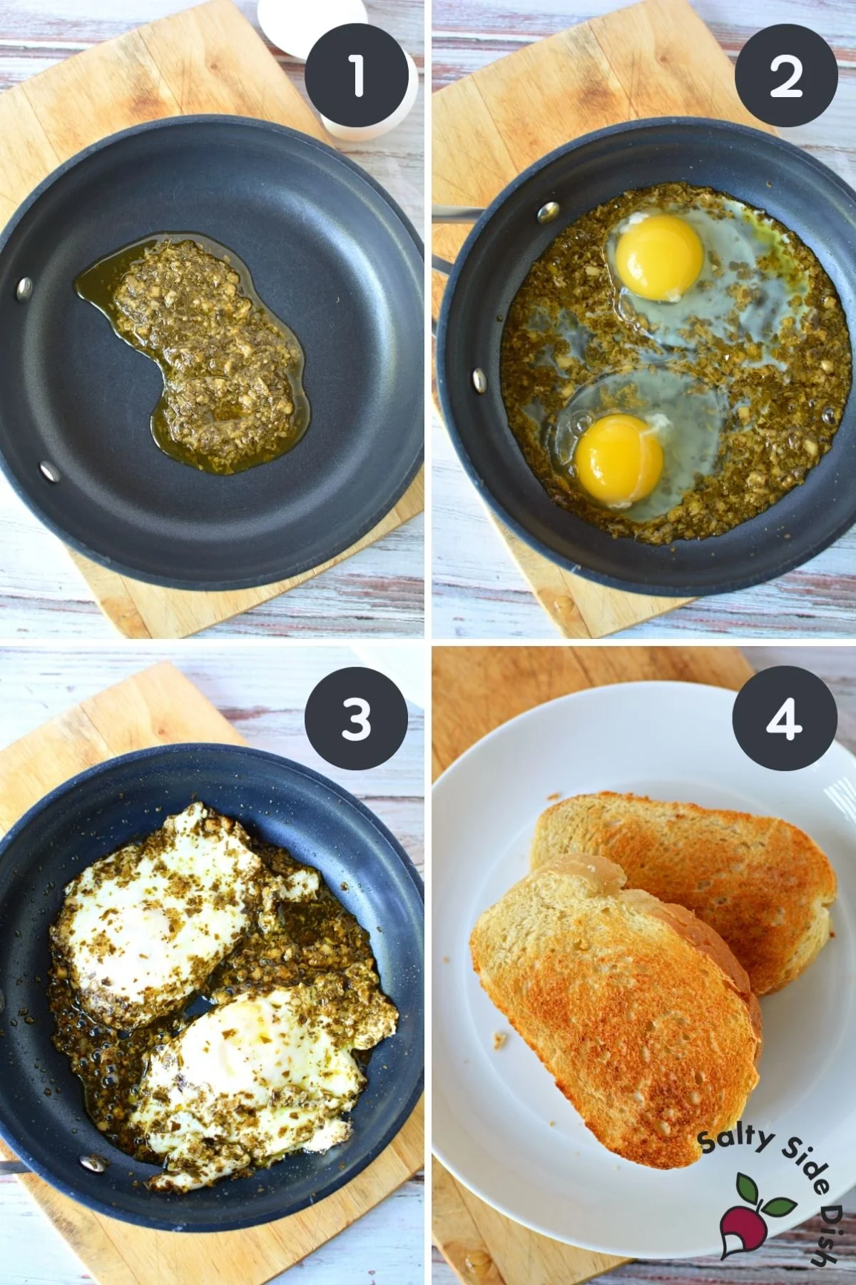 collage on how to make pesto eggs.