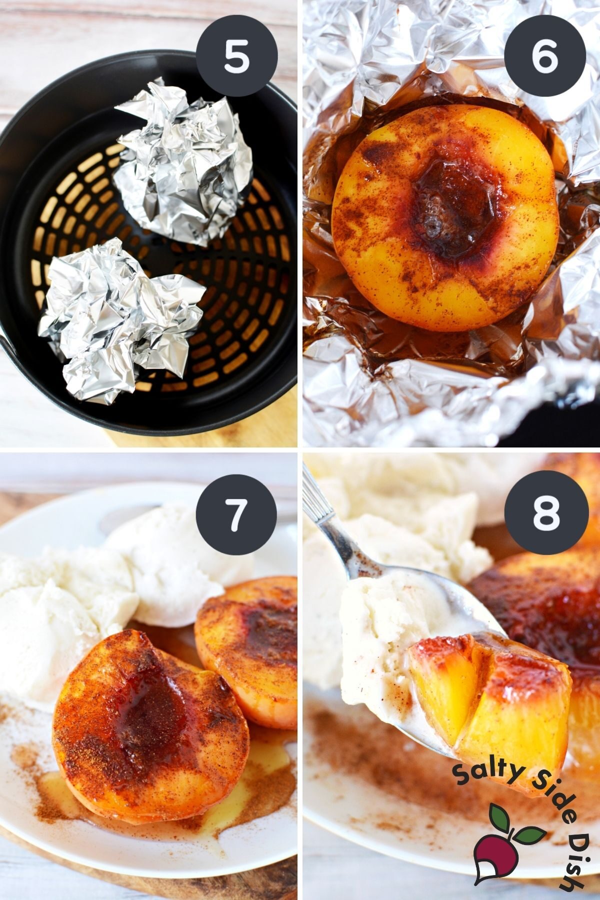 adding peaches to air fryer and putting on plate.