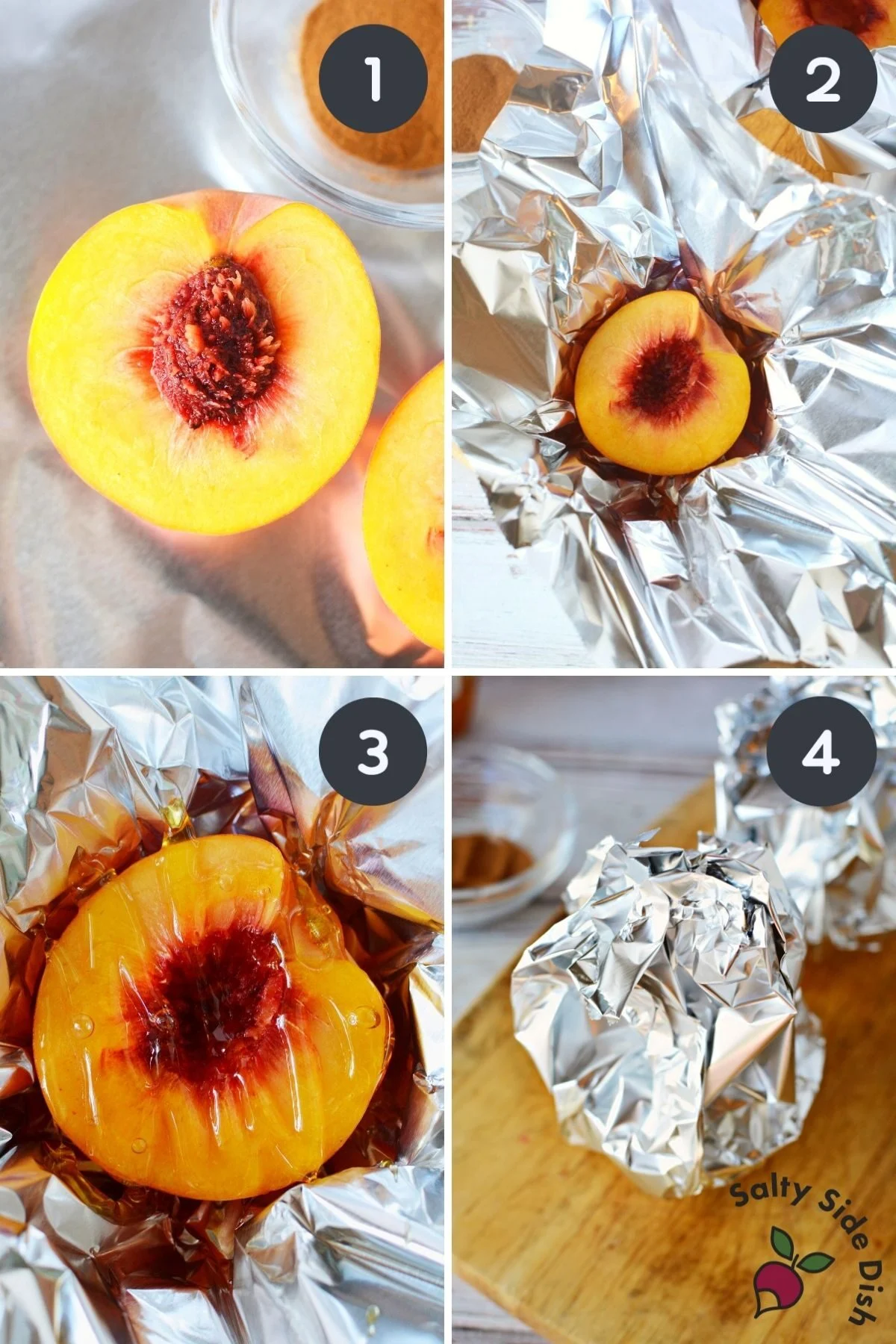 4 image collage showing how to prep air fried peaches in foil.