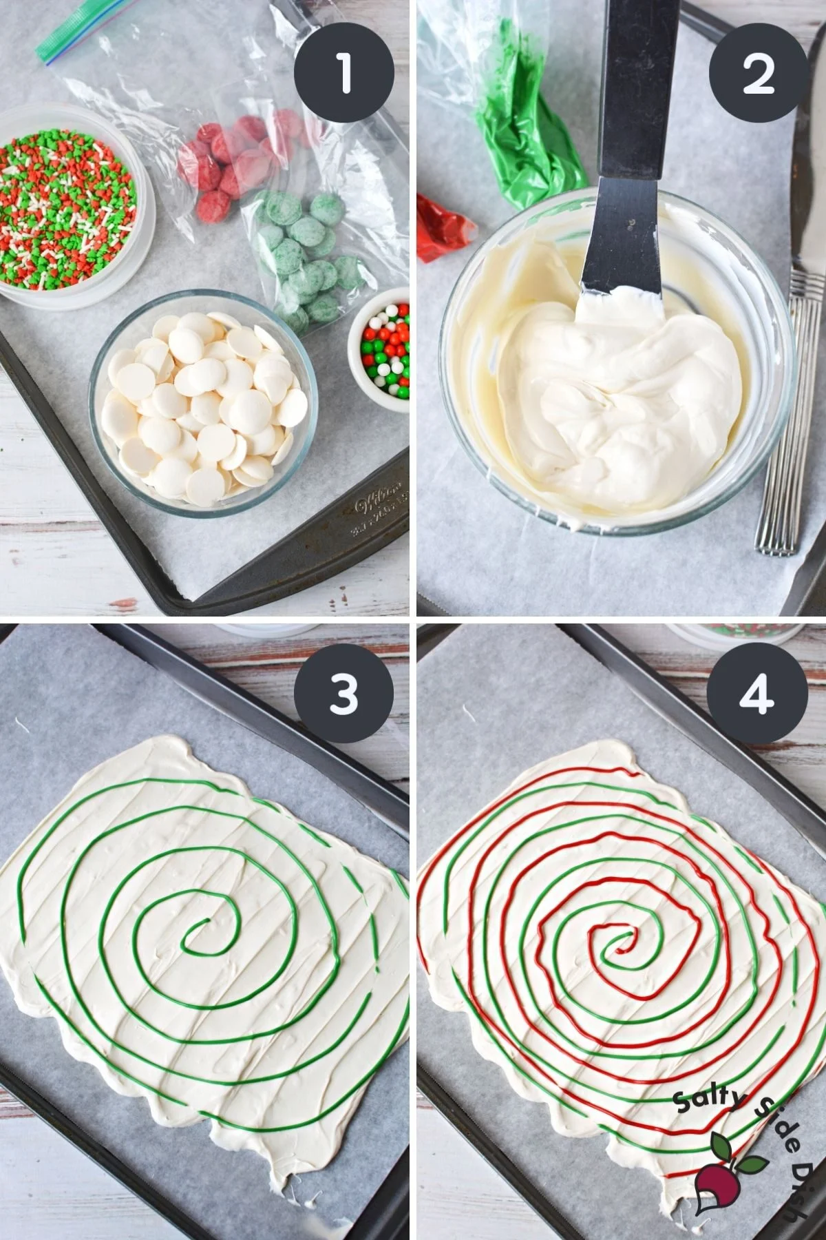 4 picture collage with white chocolate and melting candies.