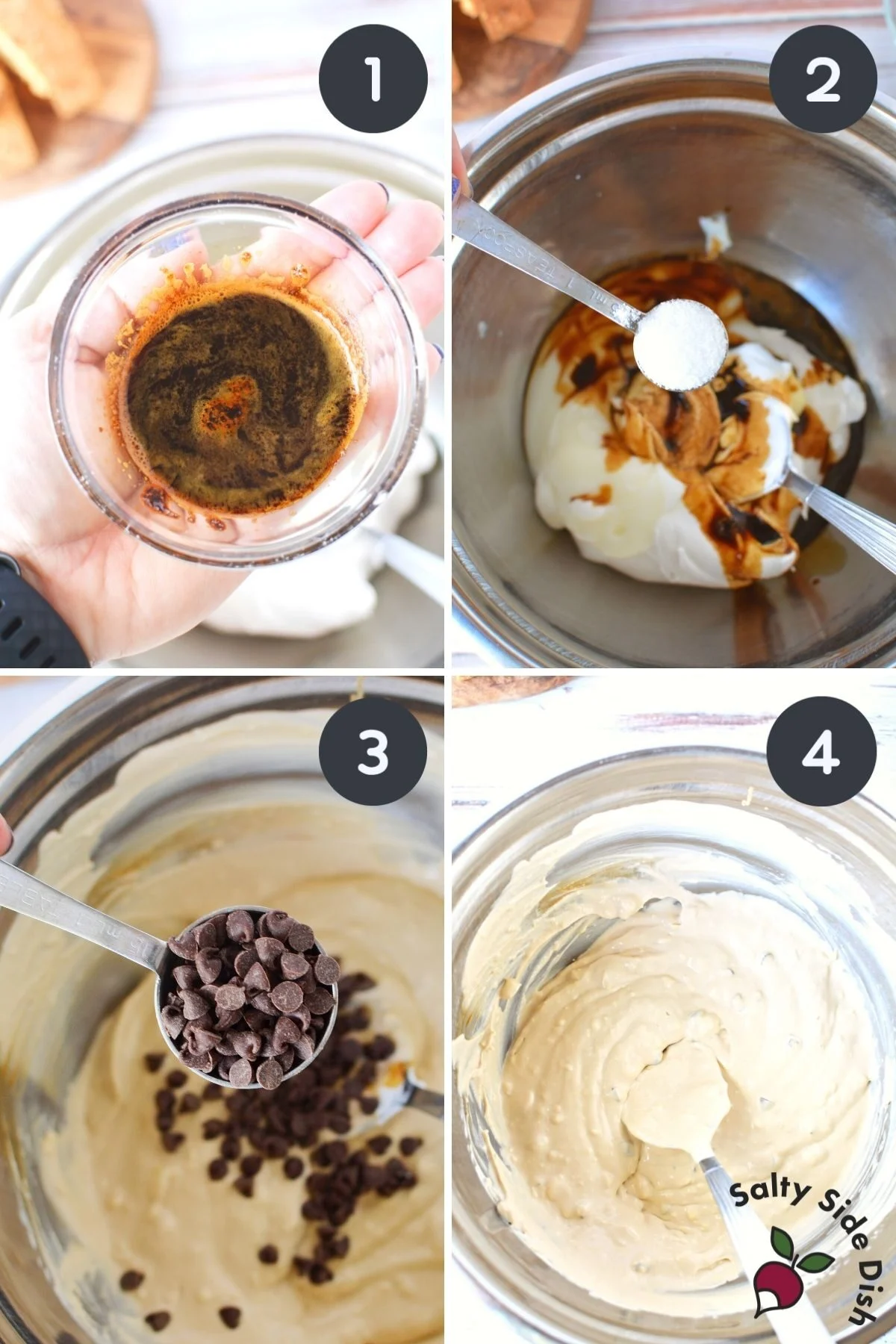 how to make cappuccino dip with 4 images showing ingredients being added.