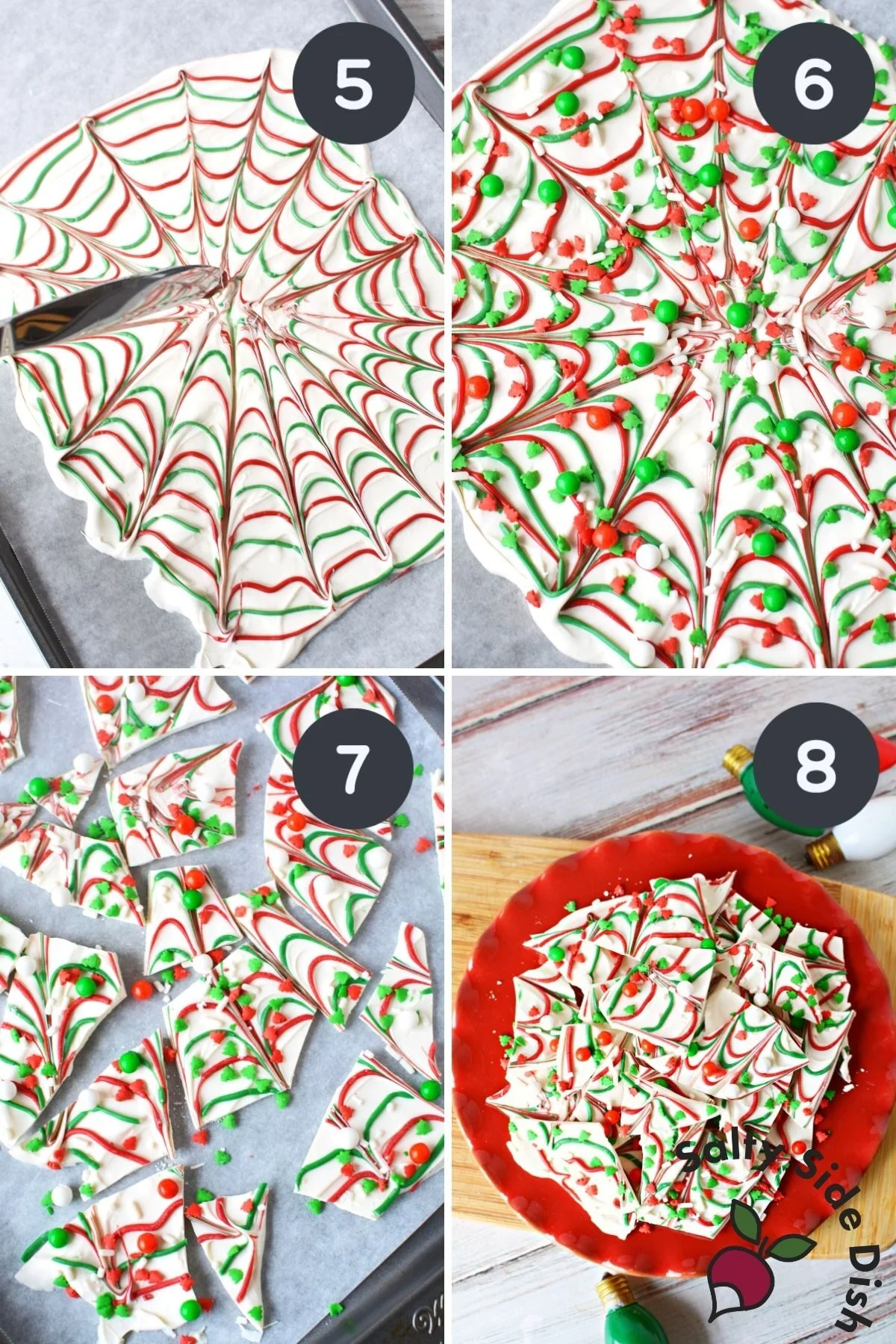 4 images showing how to make and break up Christmas bark.