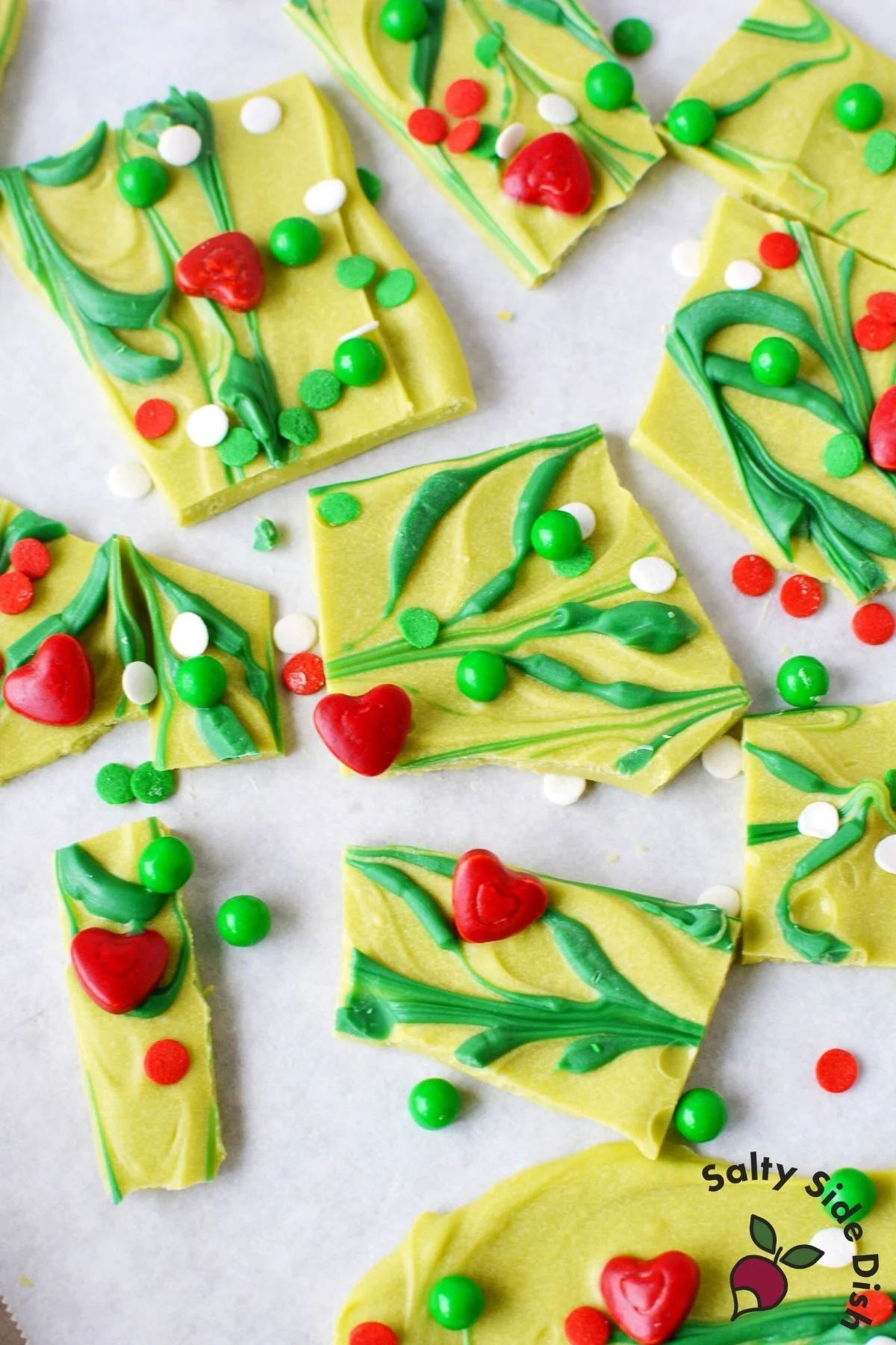 grinch bark on a piece of parchment paper.