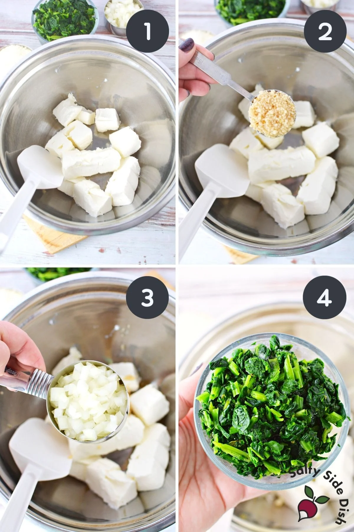 4 photo collage of bacon spinach ingredients added to a bowl for mixing.