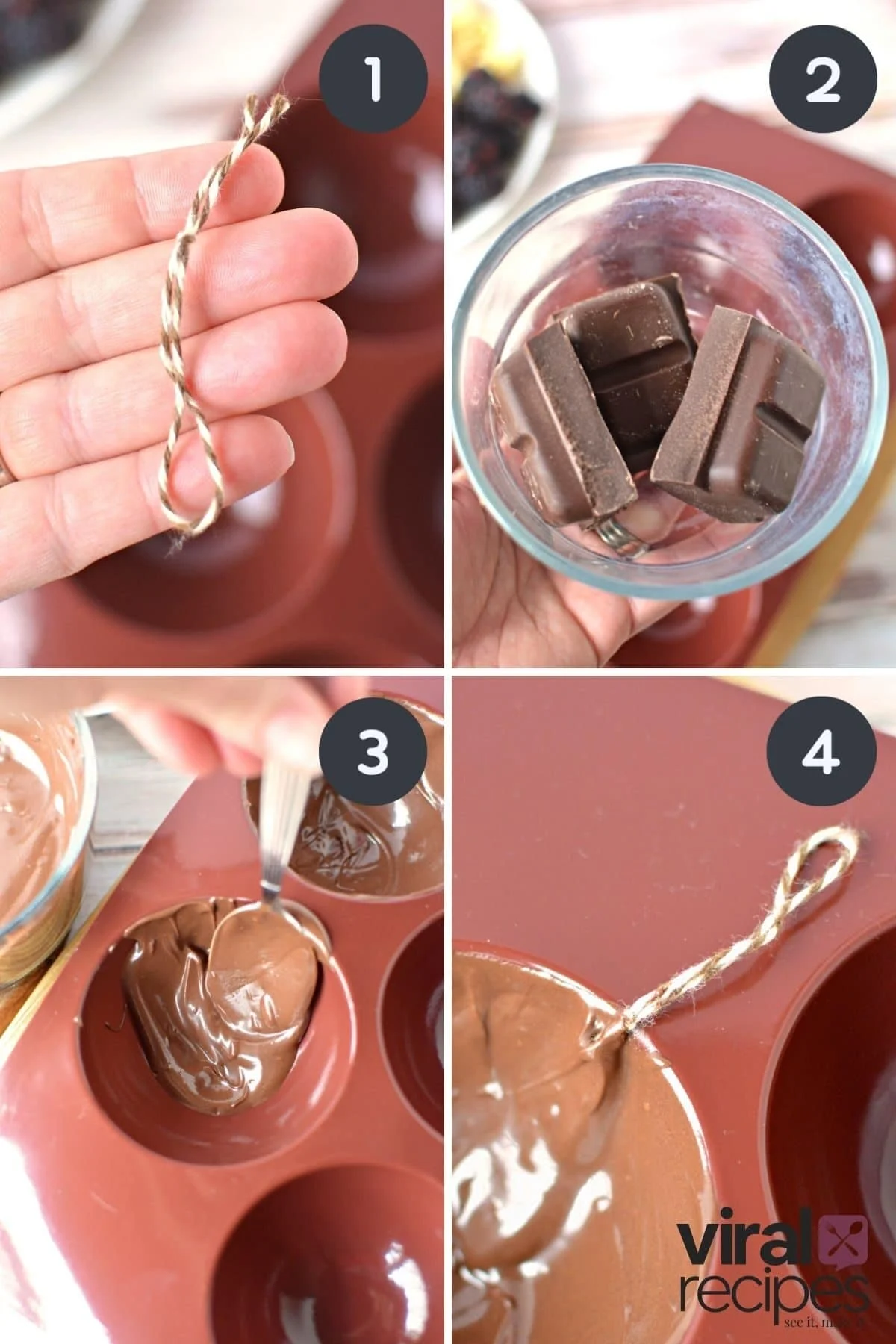 4 collage images of how to add twine to chocolate pinata.