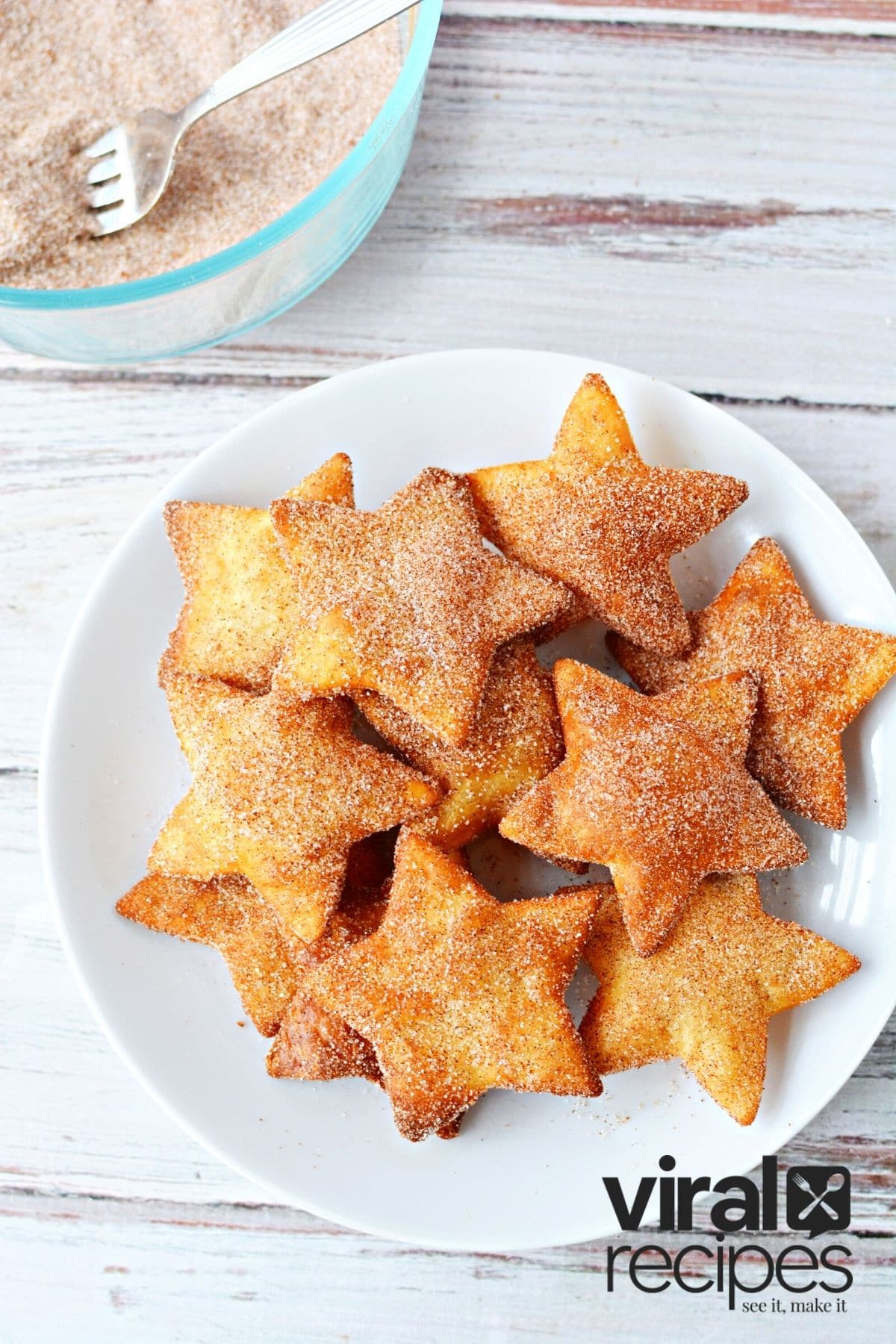 plate of star shaped cinnamon sugar nachos.