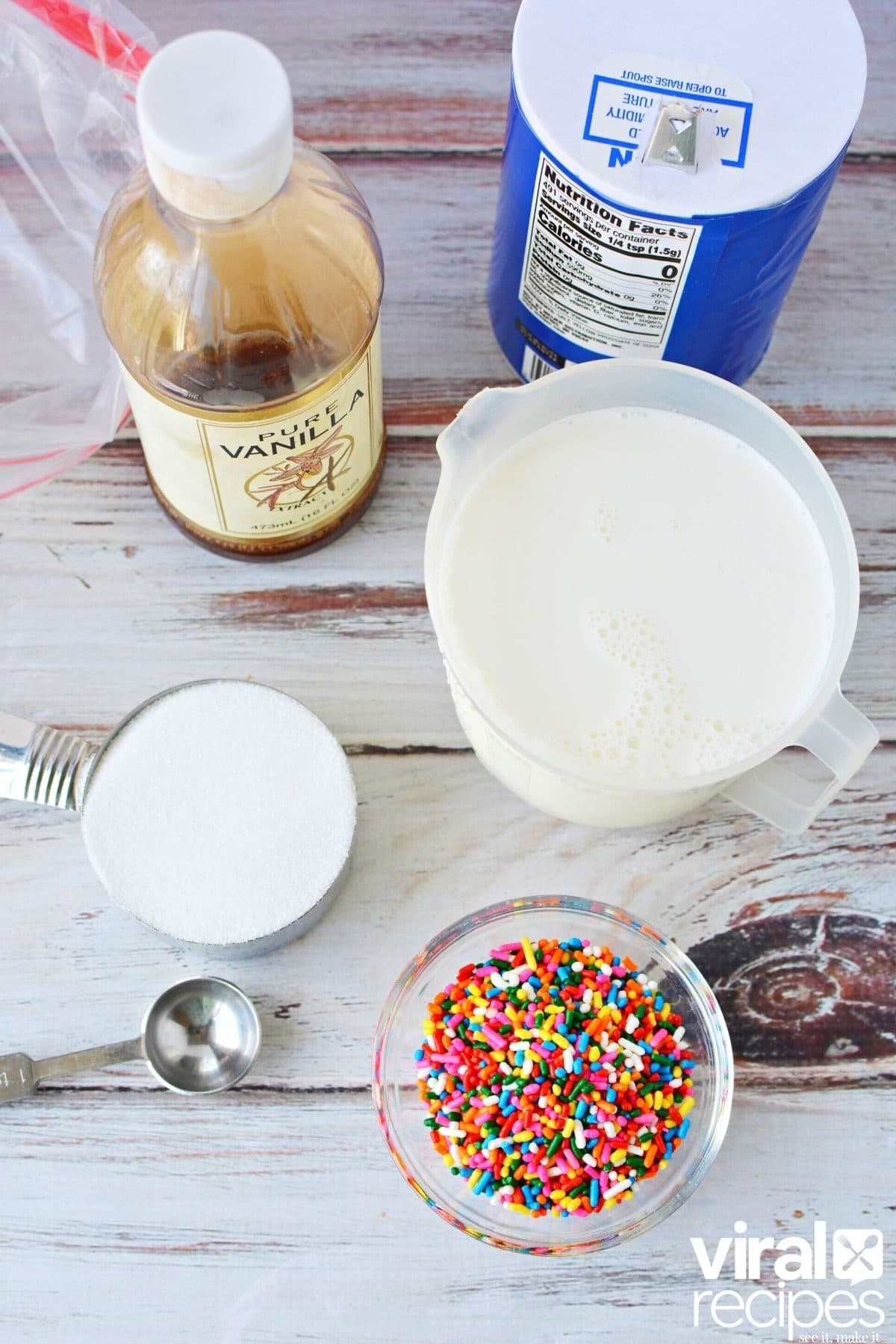 ice cream in a bag ingredients on a table.