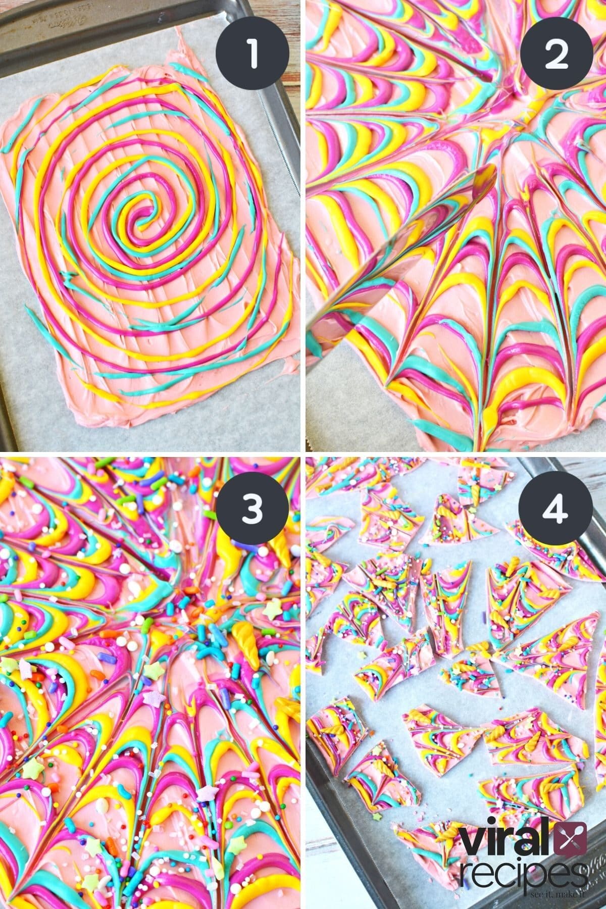4 images showing how to swirl unicorn bark.