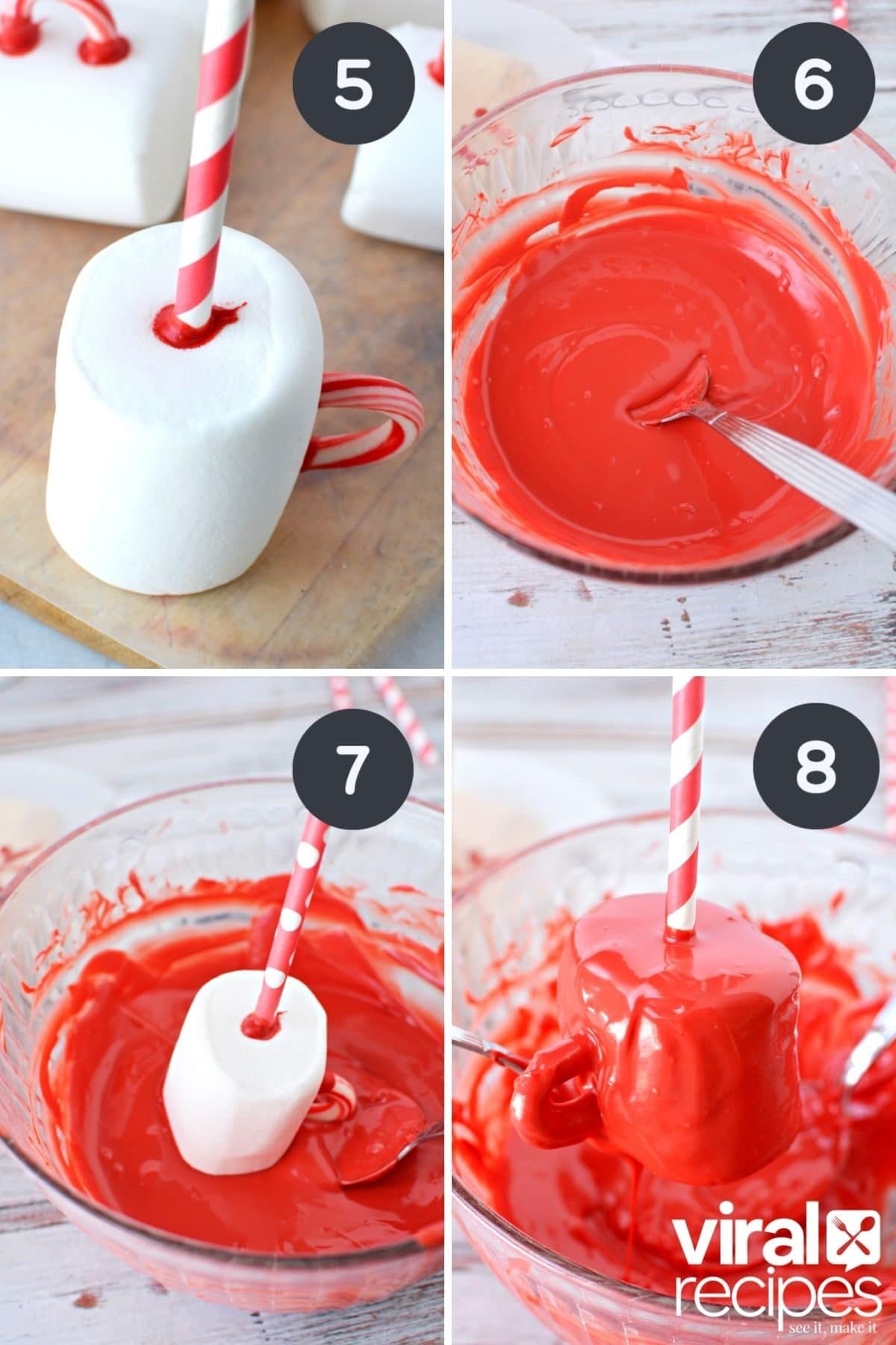 dipping marshmallows into melted chocolate.