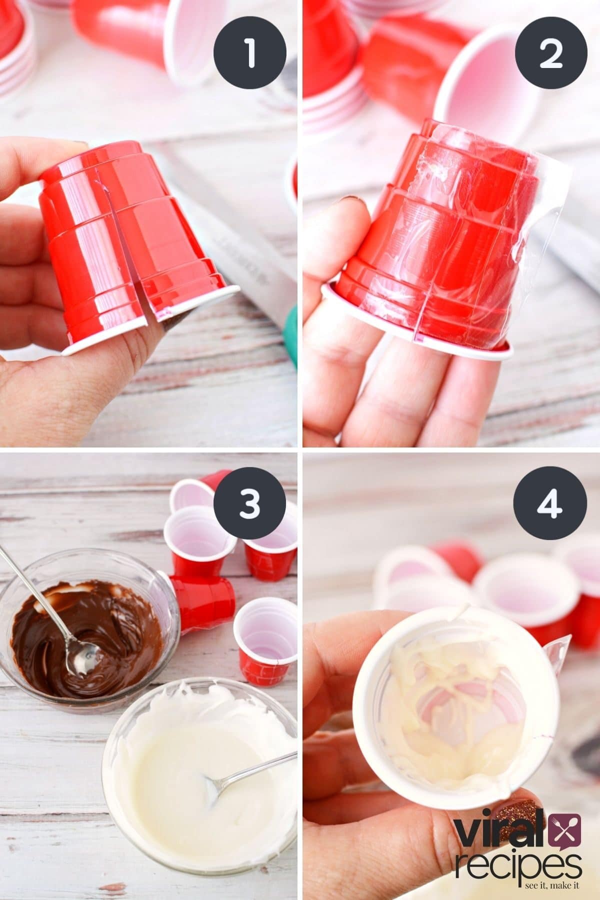 collage on red solo cups being filled with melting chocolate.