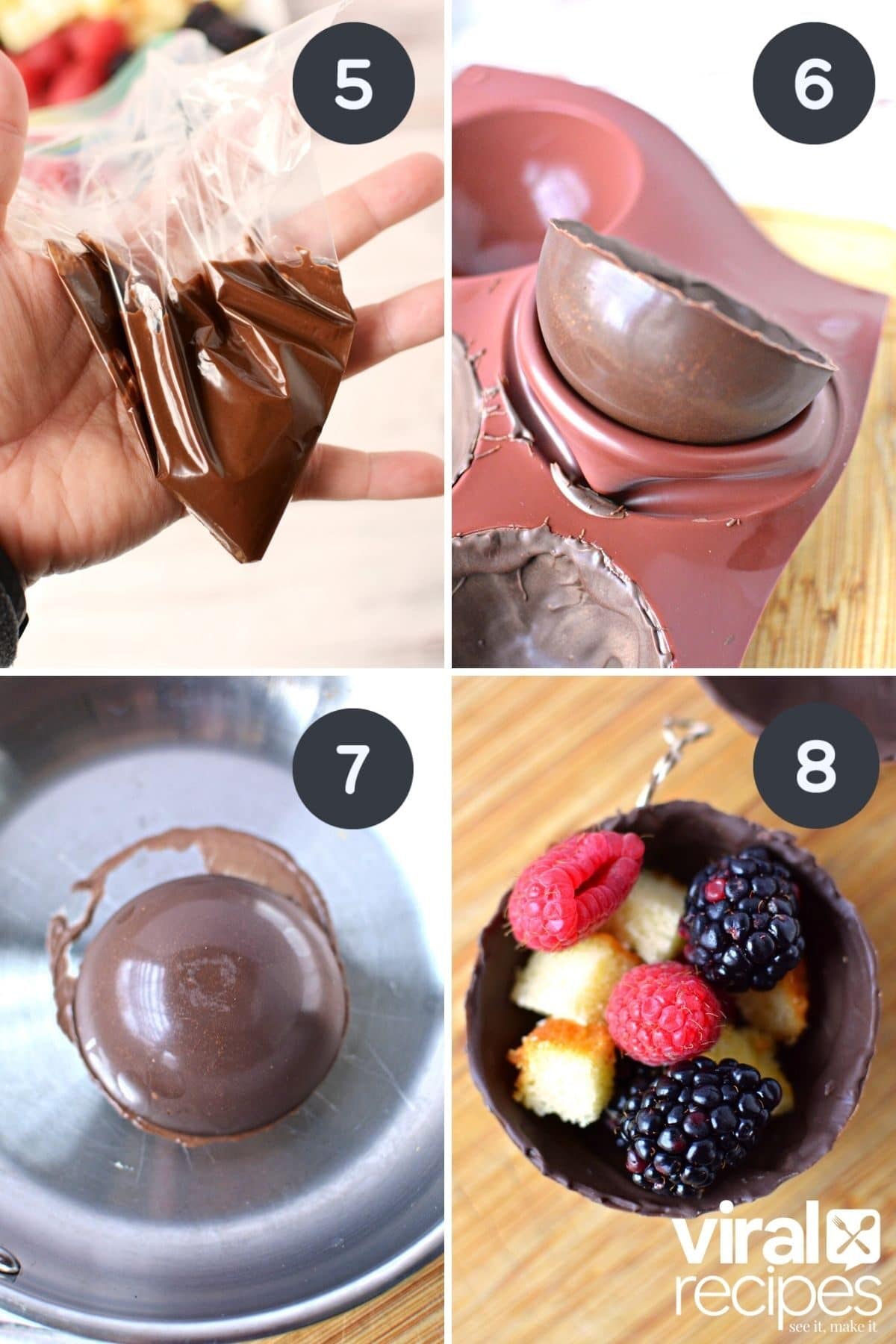 chocolate spheres being sealed with fruit inside.