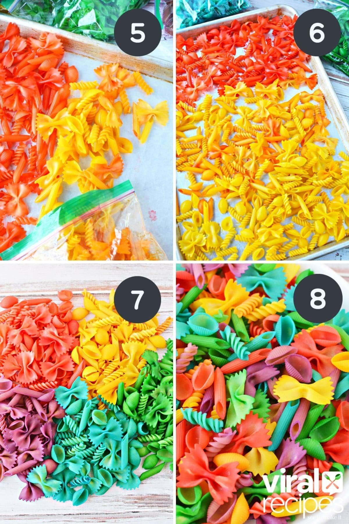 collage of sensory bin pasta dying.