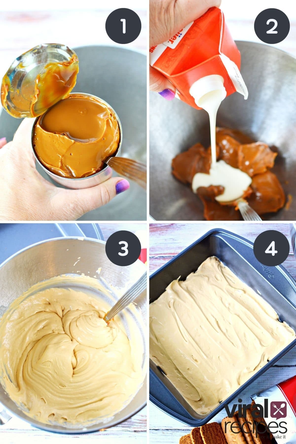 4 images showing the layering of the Biscoff casserole dessert.