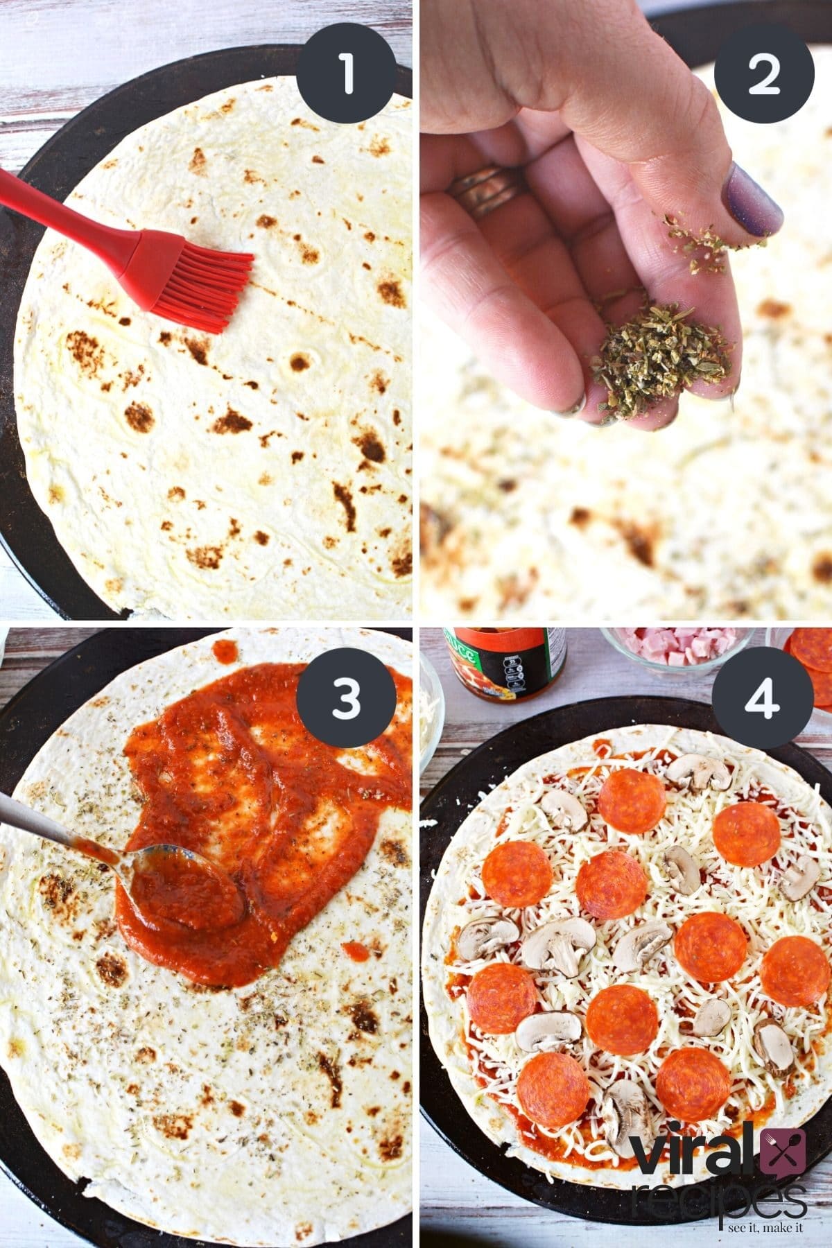 collage of how to make tortilla pizza.