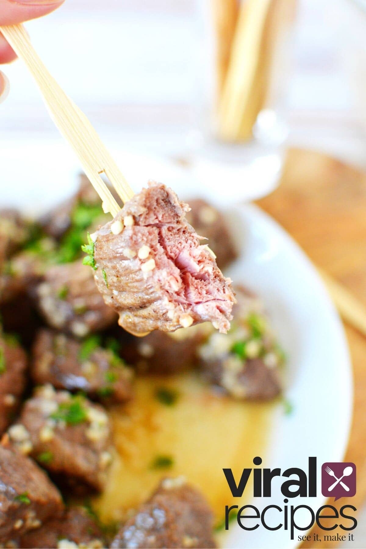 garlic steak bite on a toothpick.