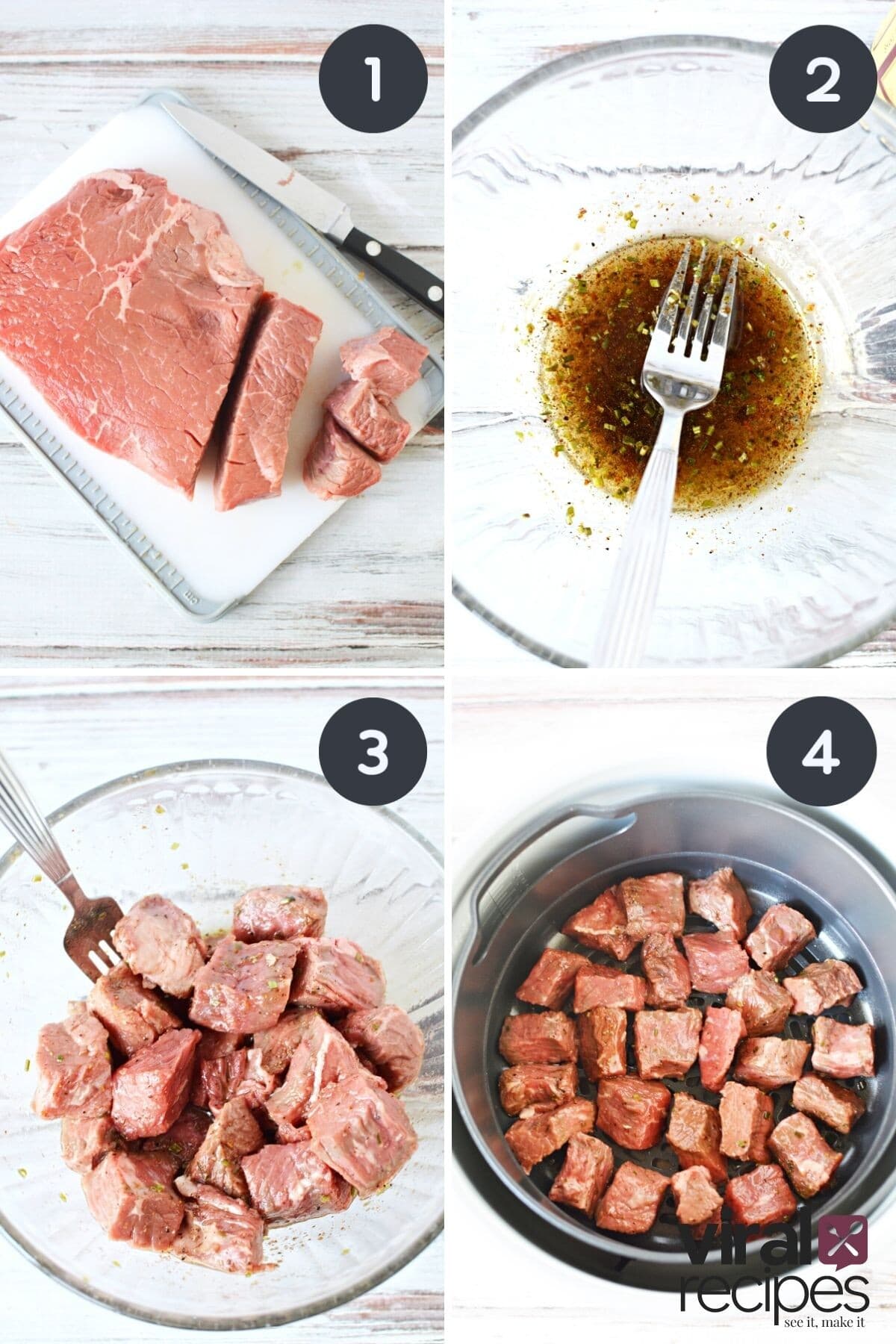 adding steak to an air fryer basket.