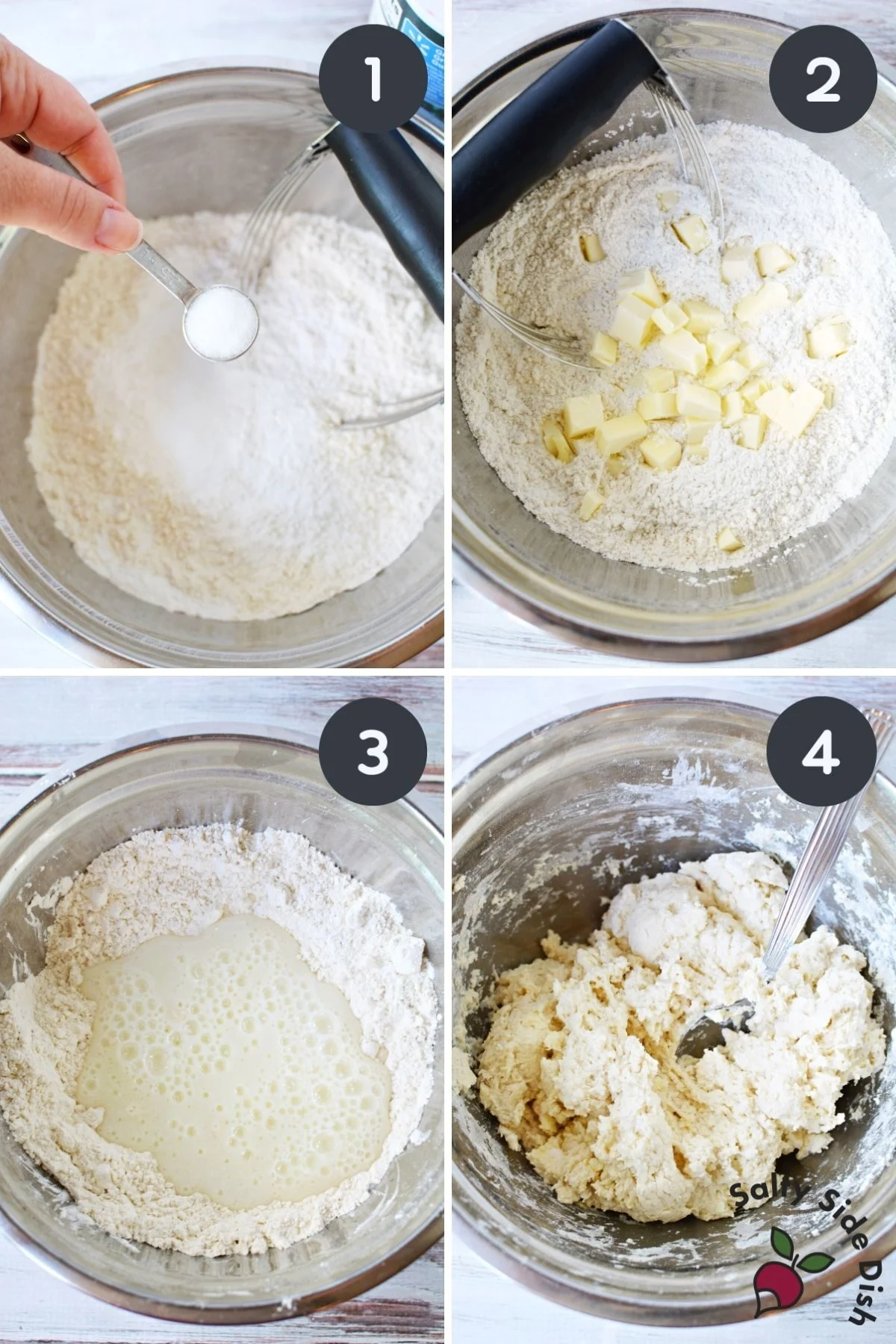 4 images adding dough ingredients to a bowl.