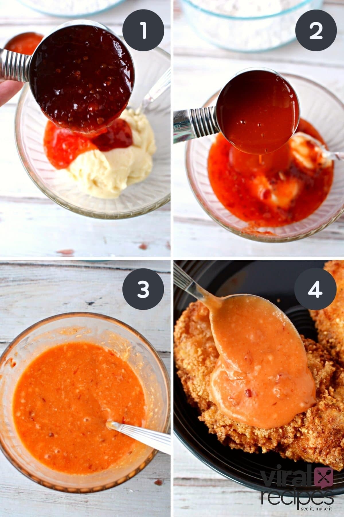 bang bang chicken mayo and chili sauce spreading on chicken.