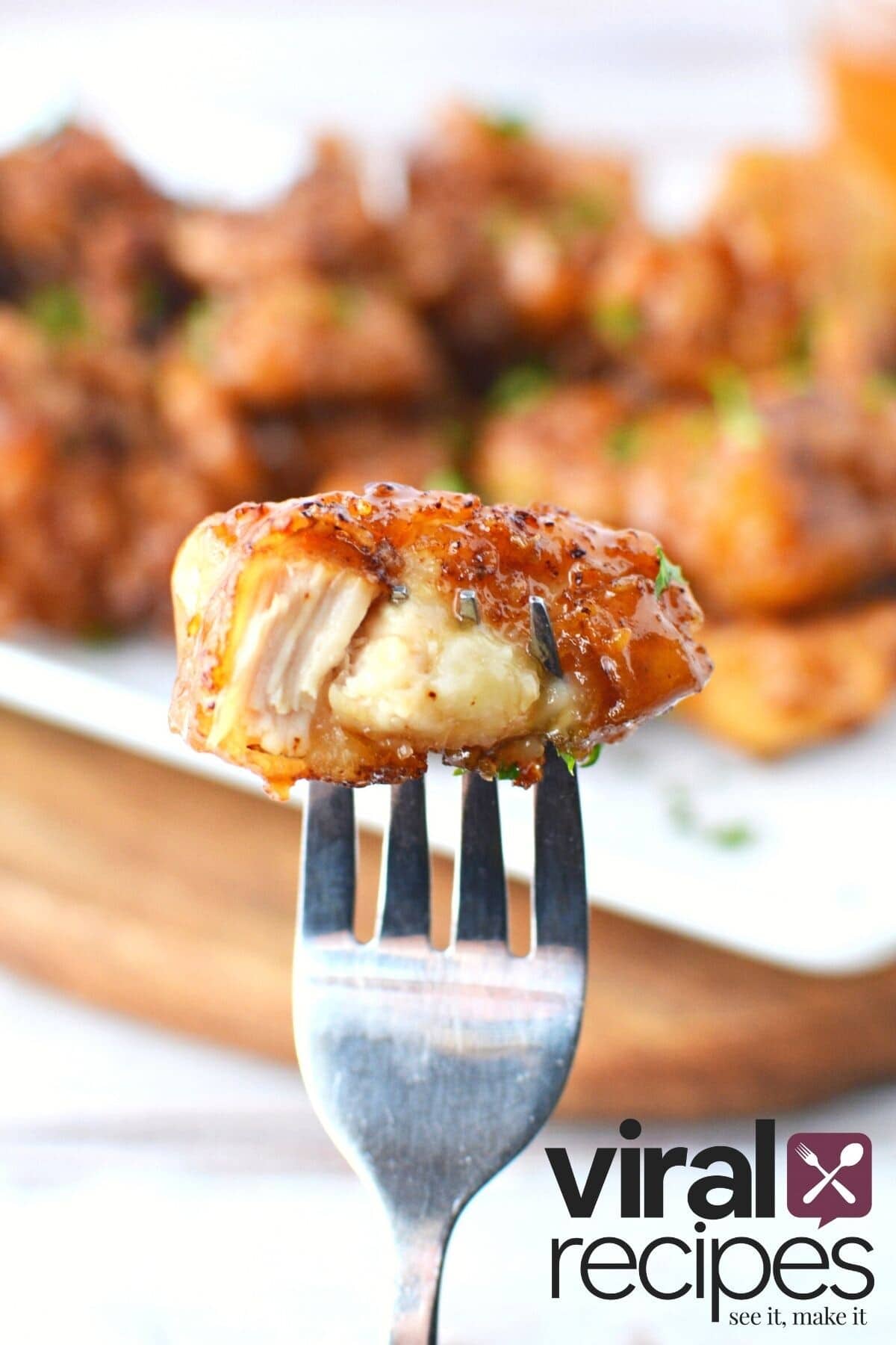 piece of chicken on a fork.