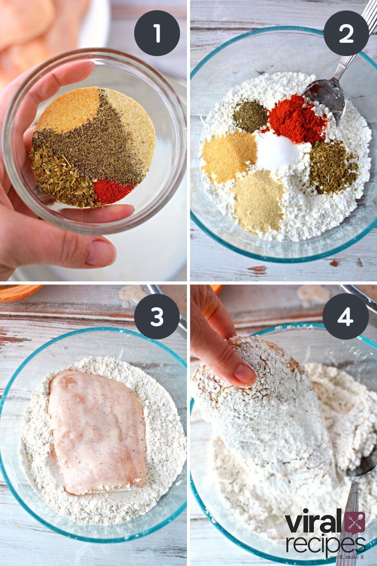 dredging chicken in spices and flour.