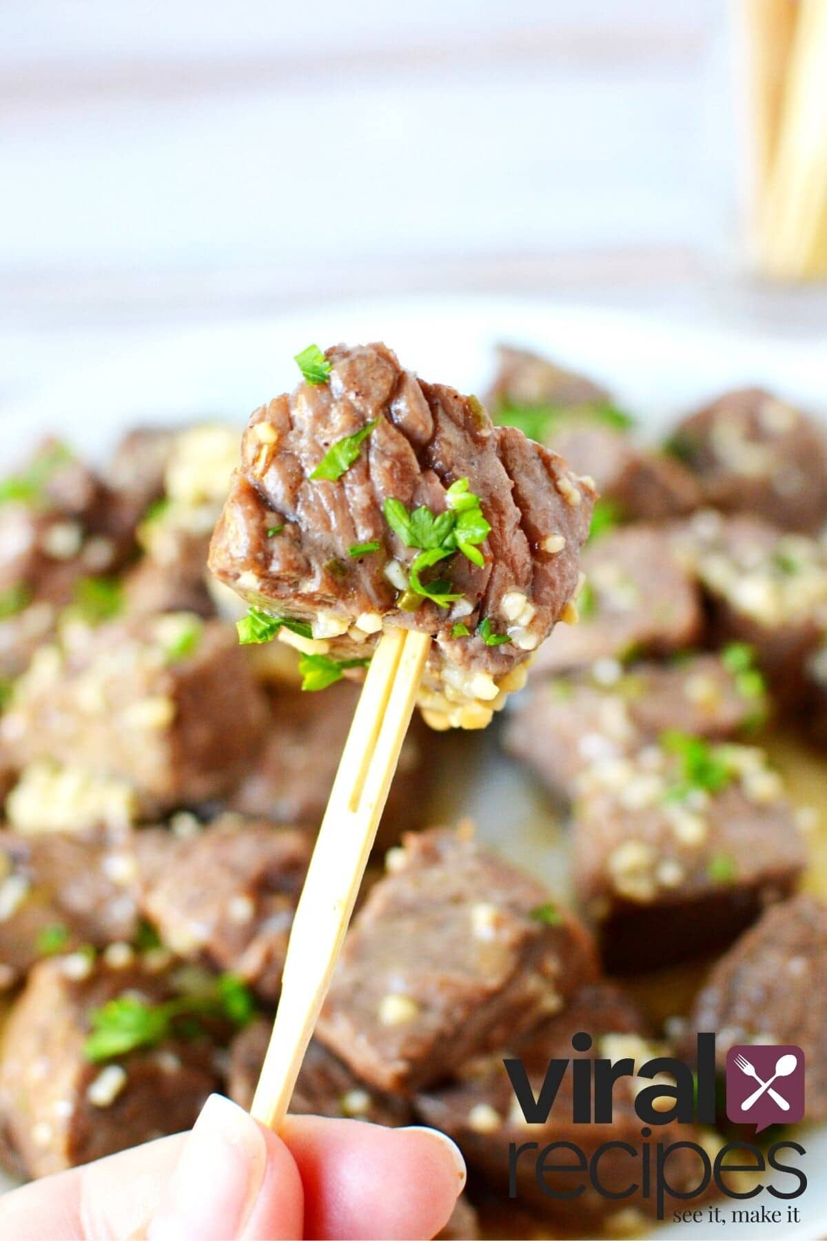 steak bite on a toothpick.