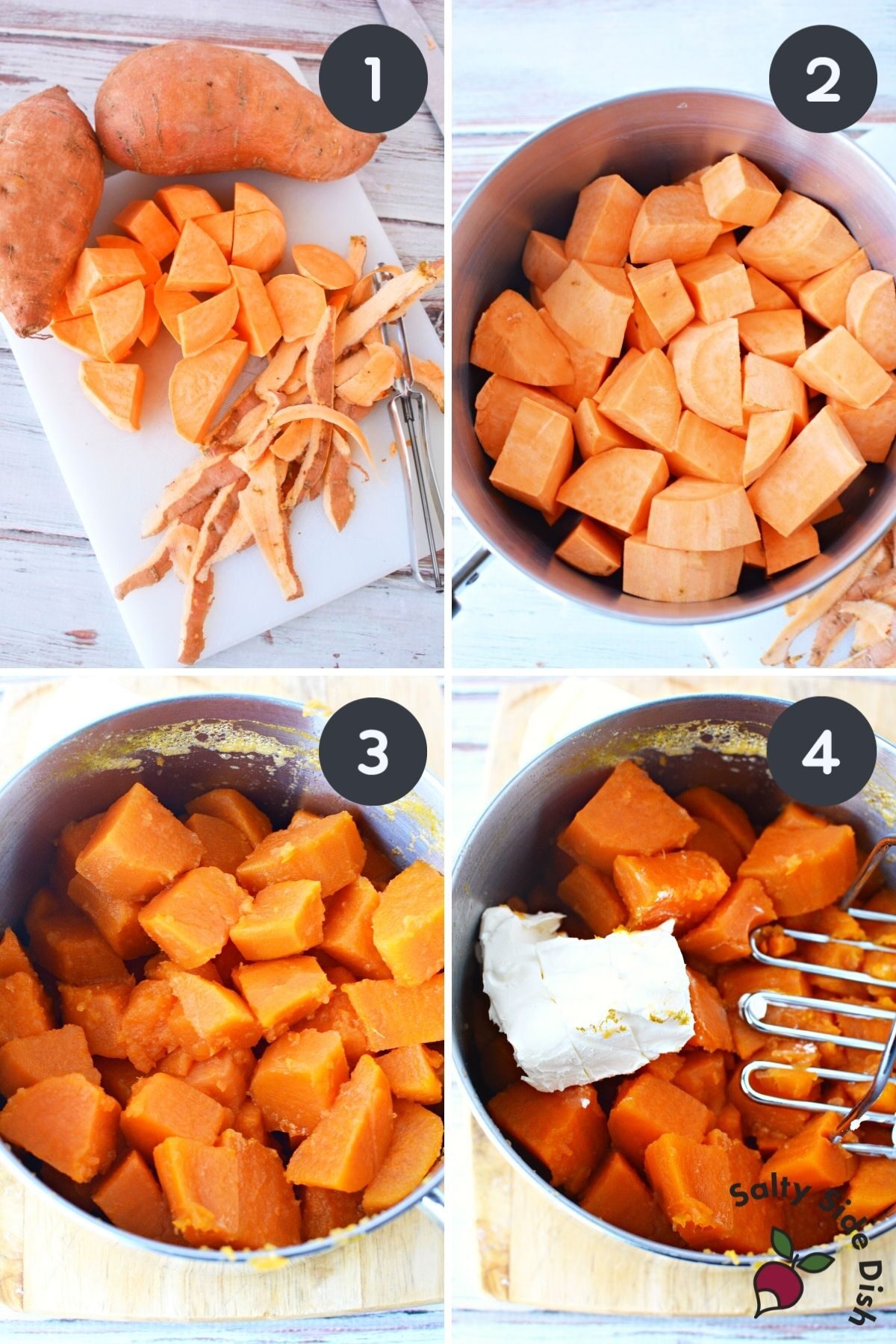 4 collage images on how to make at home mashed sweet potatoes stovetop.