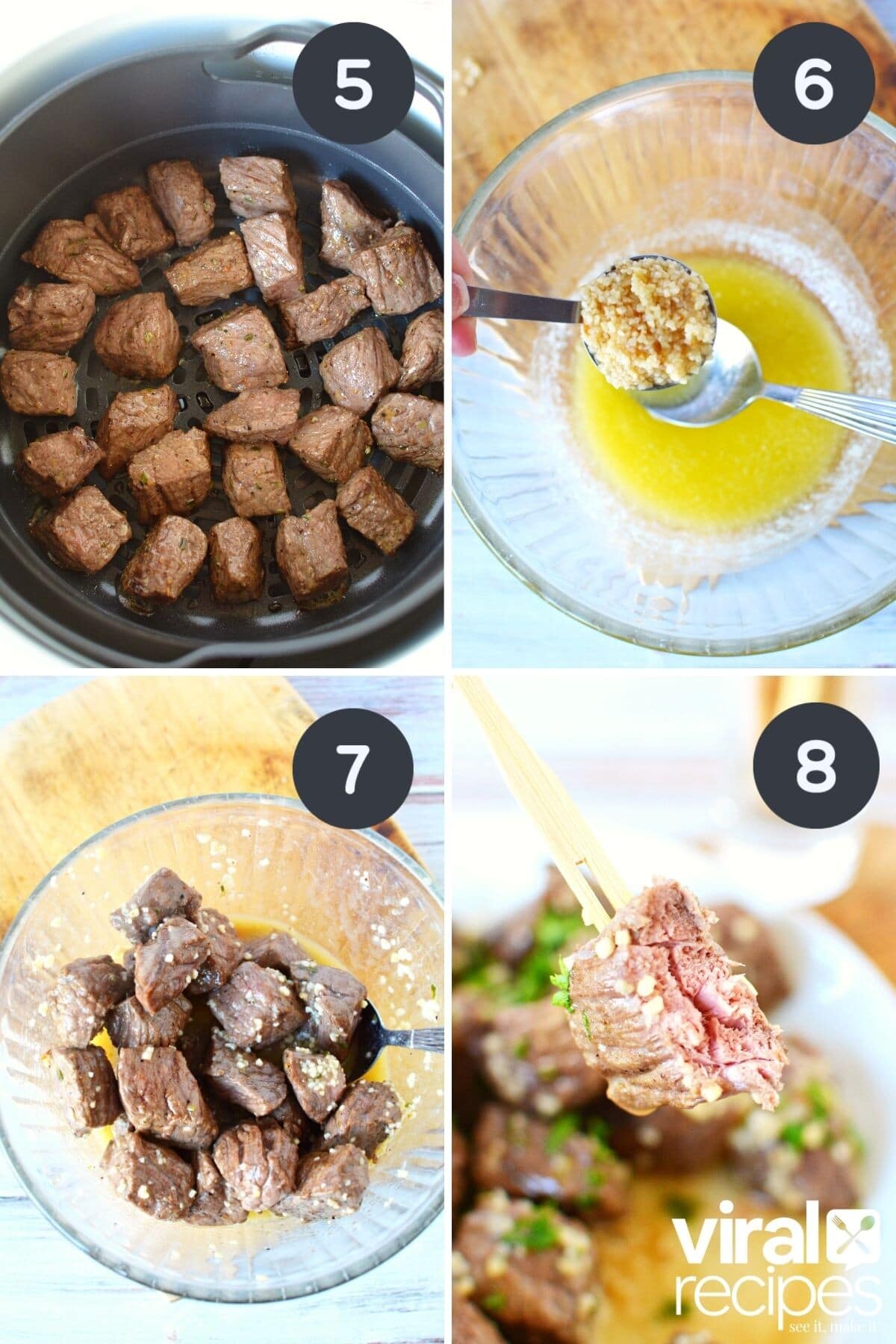 collage of ninja foodi garlic butter steak bites.
