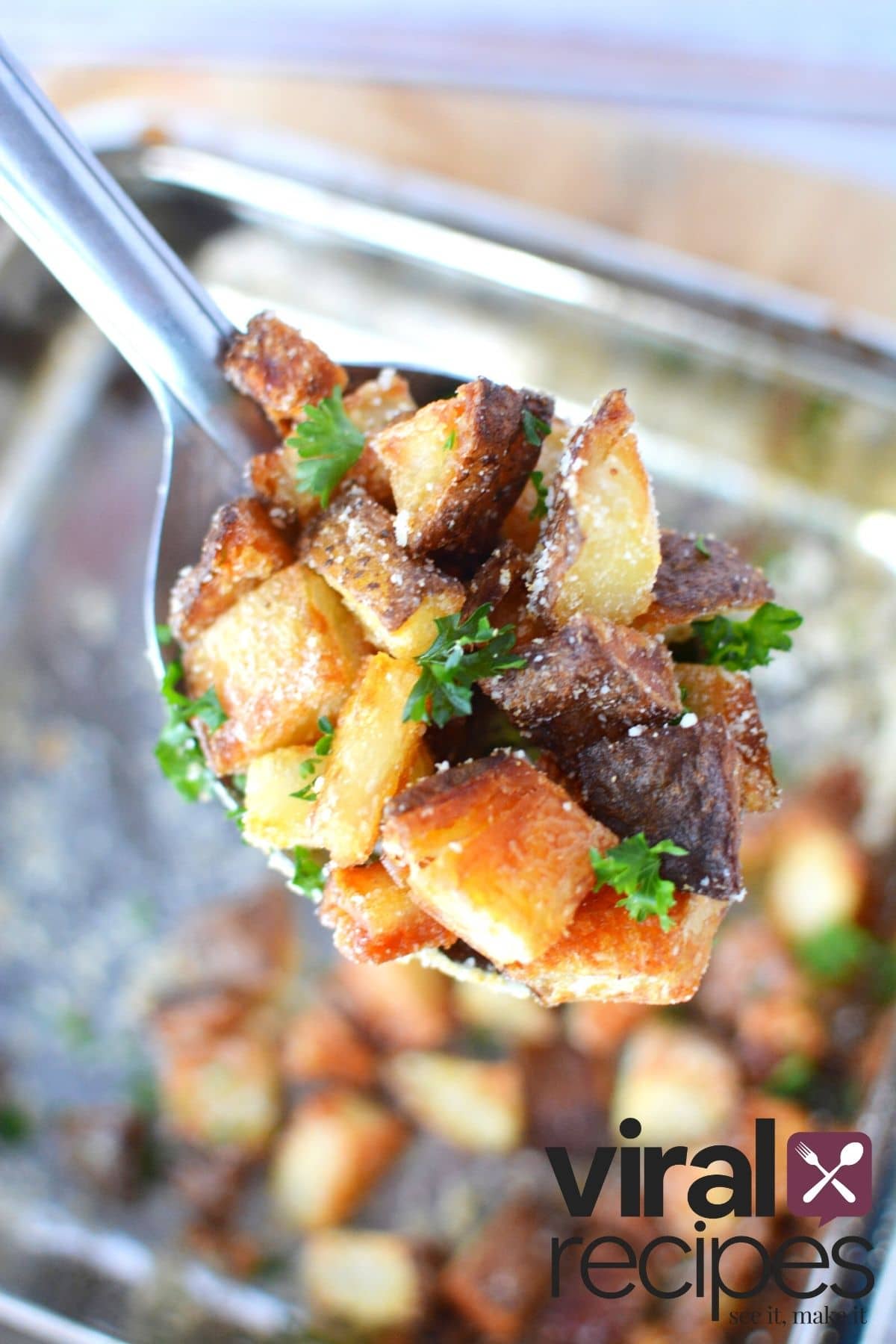 crispy potato side dish in a spoon.